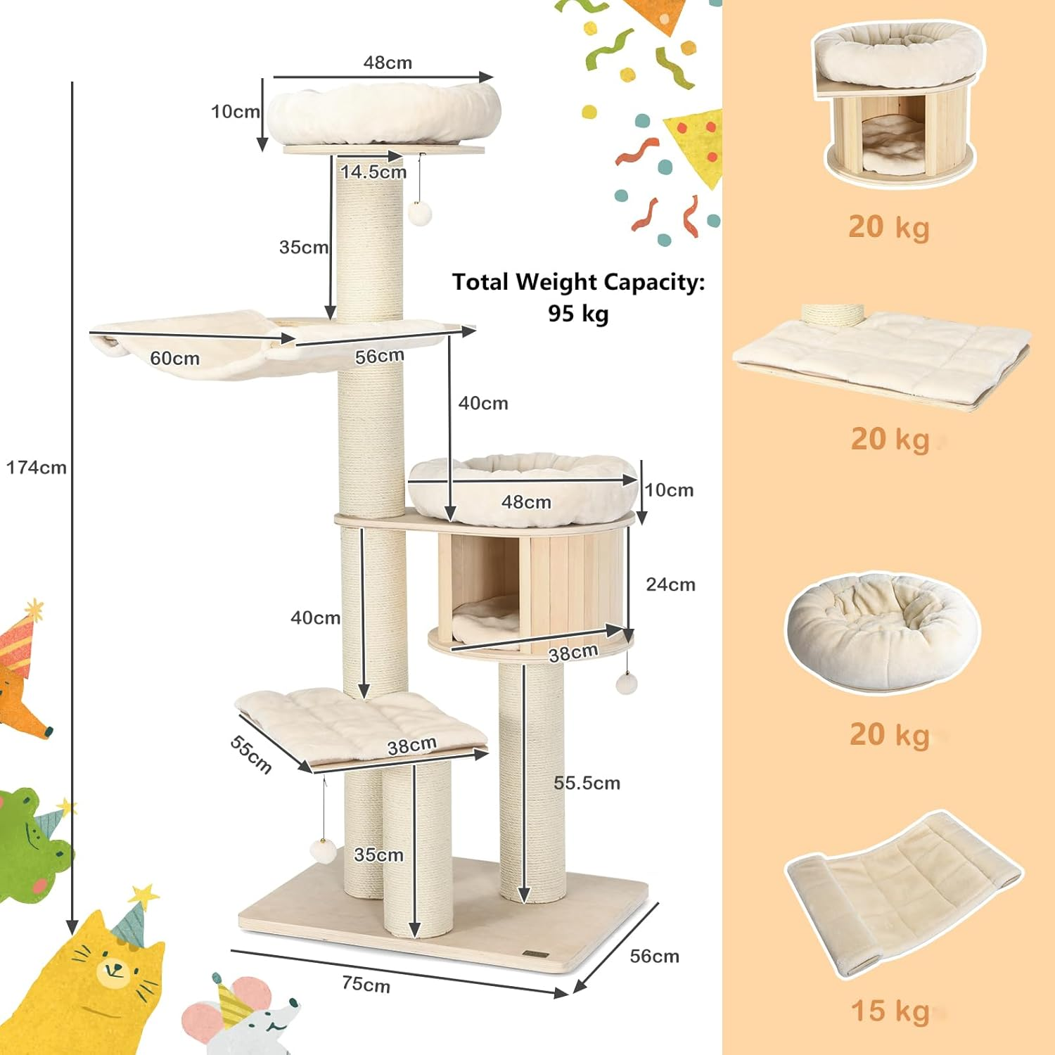 Wood Cat Tree for Indoor Cats, Tall Modern Cat Tower W/Sisal Scratching Posts, Condo, Padded Perch, Hammock, Napping Bed, Dangling Ball, Multi-Level Pet Furniture Kitty Activity Center image number 4