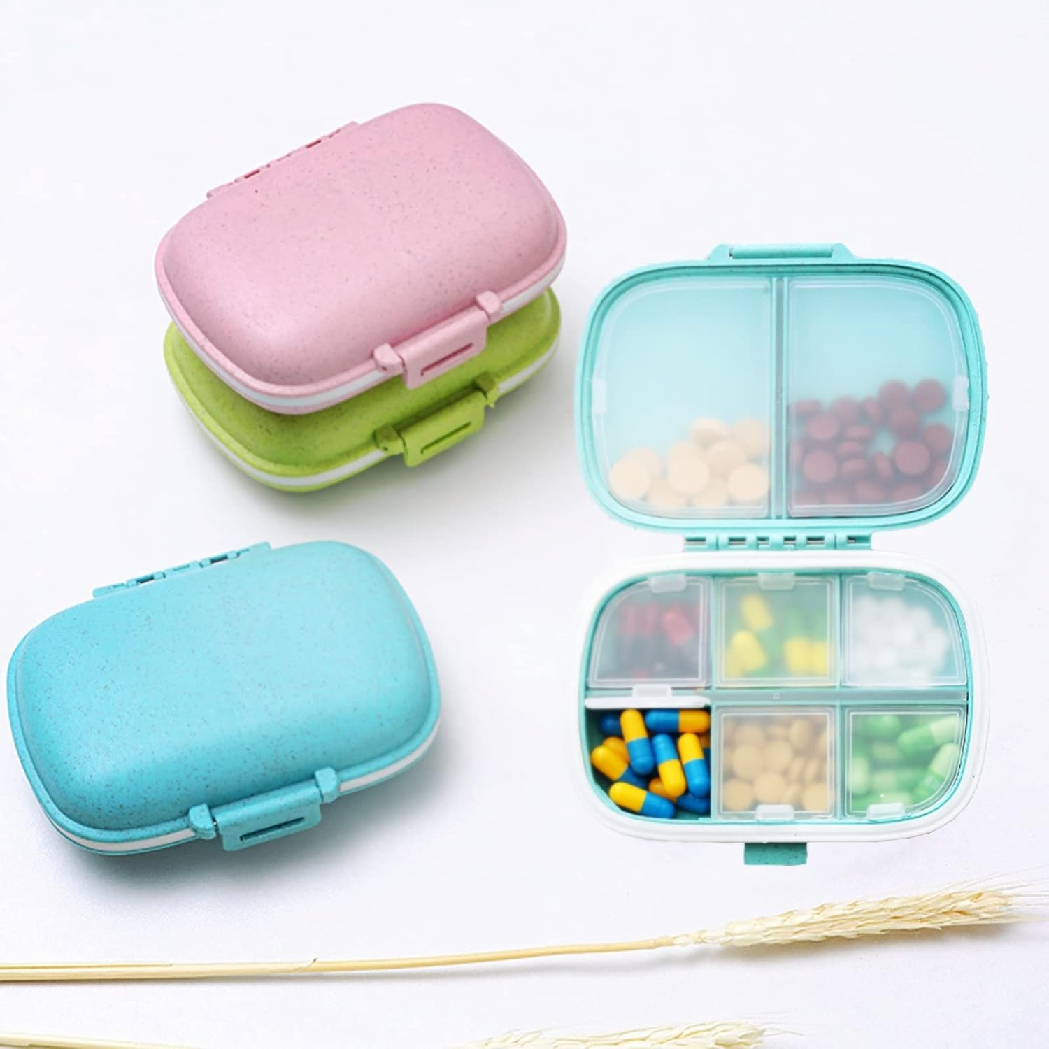 3 Portable Pill Box Organizer, 8 Compartments Portable Pill Case, Small Pill Box for Pocket Purse Portable Medicine Pills/Capsules/Vitamins/Fish Oil Etc（Pink,Blue,Green) image number 6
