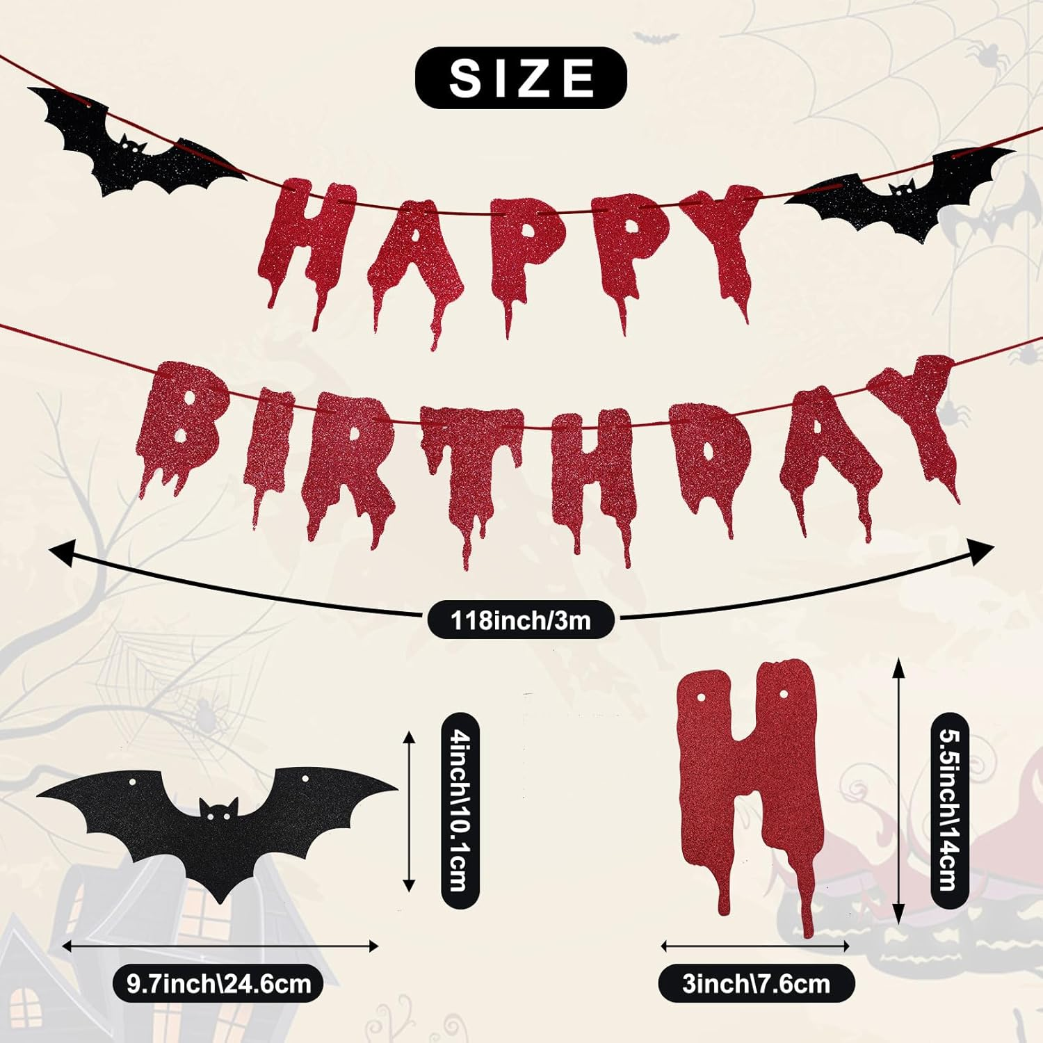 Red Glittery Happy Birthday Halloween Banner - Halloween Hanging Paper Garland Bunting Banner Bloody Bat Vampire Decorations, Photo Backdrop for Wall Home Mantle Office Wall Scary Party Supplies image number 5