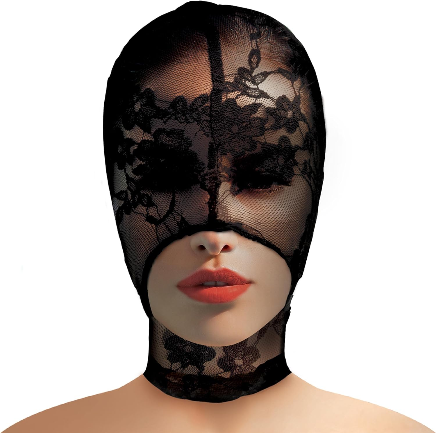 MASTER SERIES Lace Seduction Bondage Hood. BDSM Mask and Sexy Fetish Fantasy Costume for Women, Men & Adult Couples. Machine Washable, Polyester, Black, One Size Fits Most image number 2