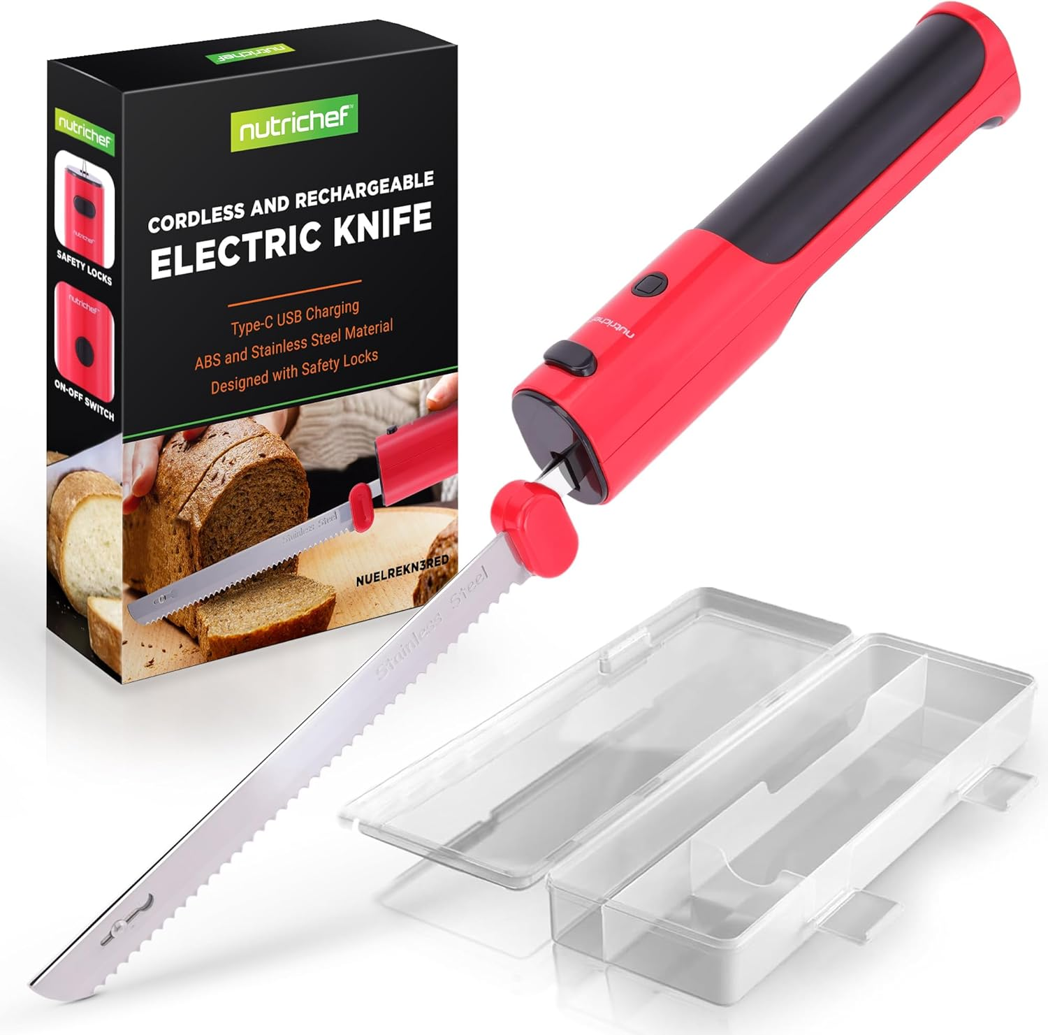 Nutrichef Cordless Electric Knife | Easy to Use Constant ON/OFF Safety Function | Lightweight Kitchen Knife | Carve Turkey, Meats, Poultry, Bread & Cheese | 11.42&rsquo;&rsquo; Stainless Steel Blades | Red