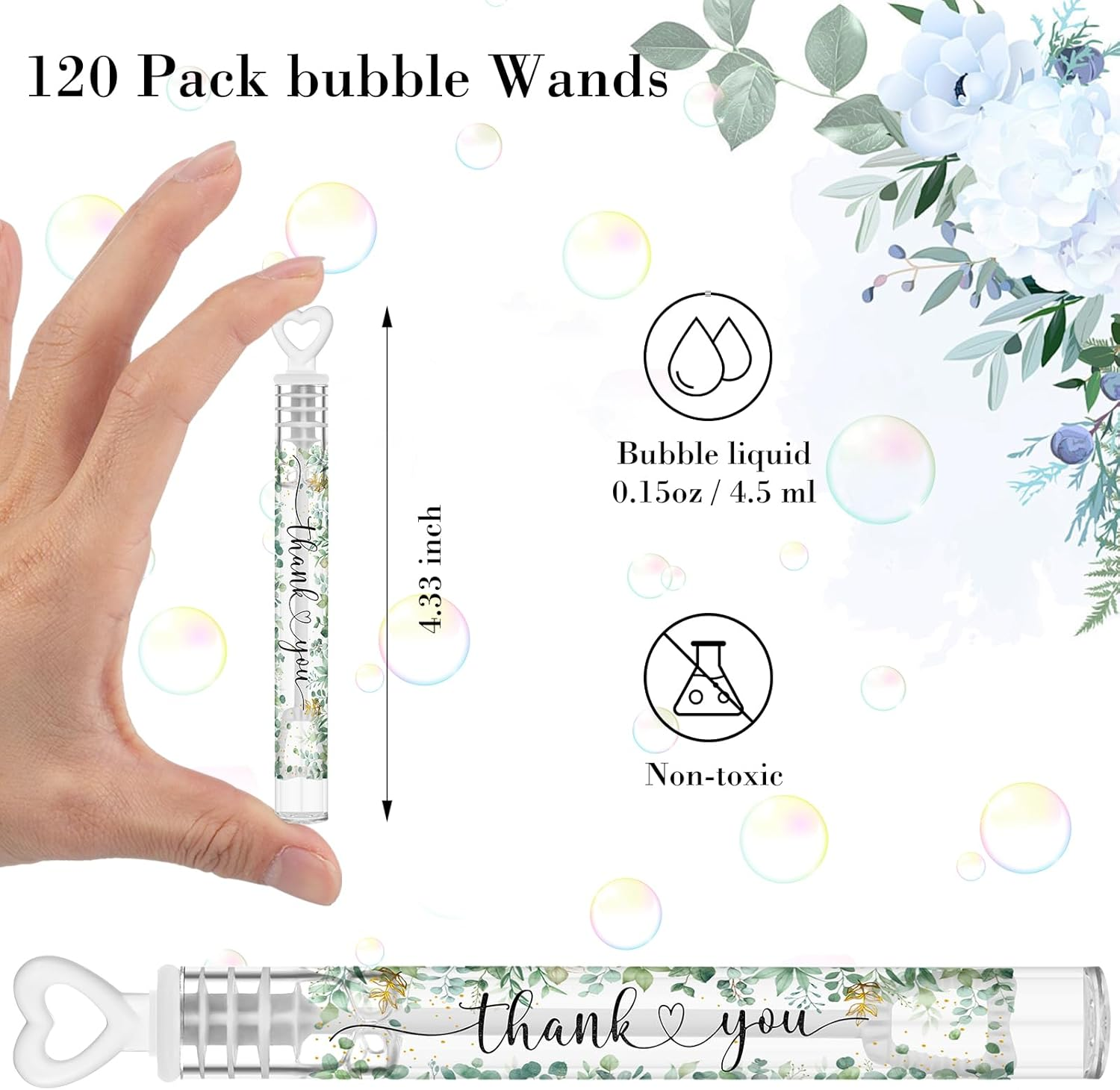 Hollowfly 120 Pcs Weddings Day Bubble Wand Bulk Goodie Bags Stuffers Mini for Weddings Birthday Party Supplies Prize, Bubble Liquid Included (Eucalyptus) image number 1