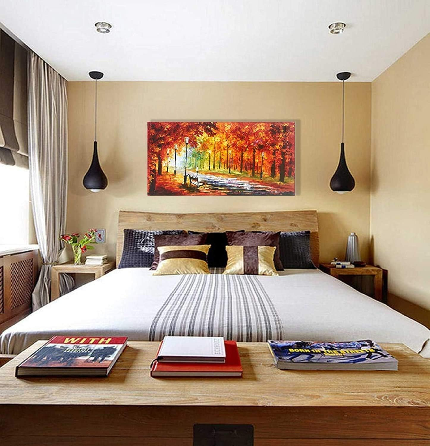 Framed Oil Painting,Hand Painted Modern Abstract Textured Big Wall Paintings,Can Be Hung Home Decoration Large Canvas Wall Art,Golden Autumn Forest Sightseeing (80 X 40 Cm) image number 5