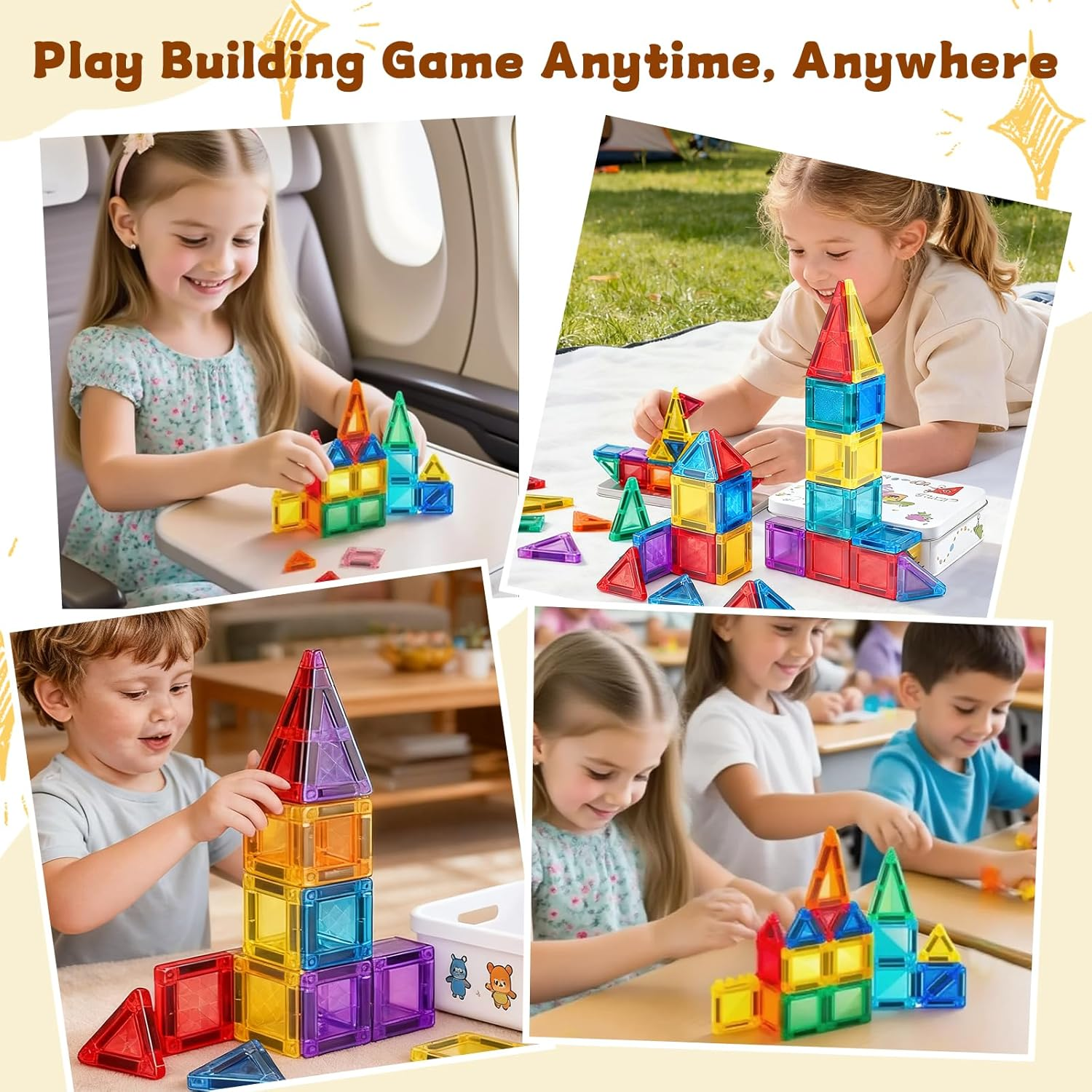 Mini Magnetic Tiles 56PCS, Travel Magnetic Tiles Set Portable with Iron Case, STEM Sensory Magnetic Building Toys Set for Kids Age 3+, Travel Toys Present for Boys Girls Birthday image number 1