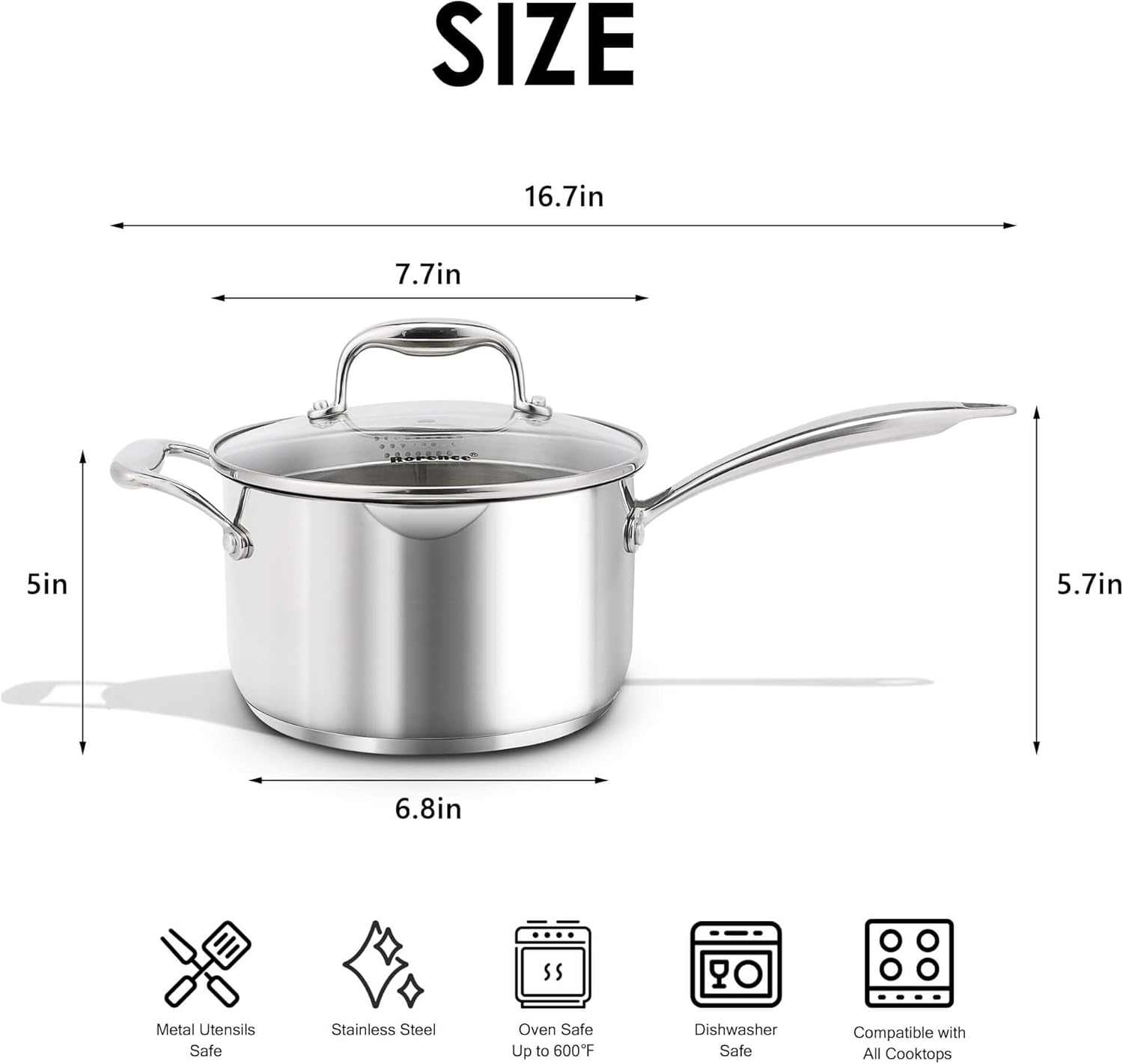 Rorence Stainless Steel Saucepan with Pour Spout & Glass Lid with Strainer - 3.7 Quart image number 6