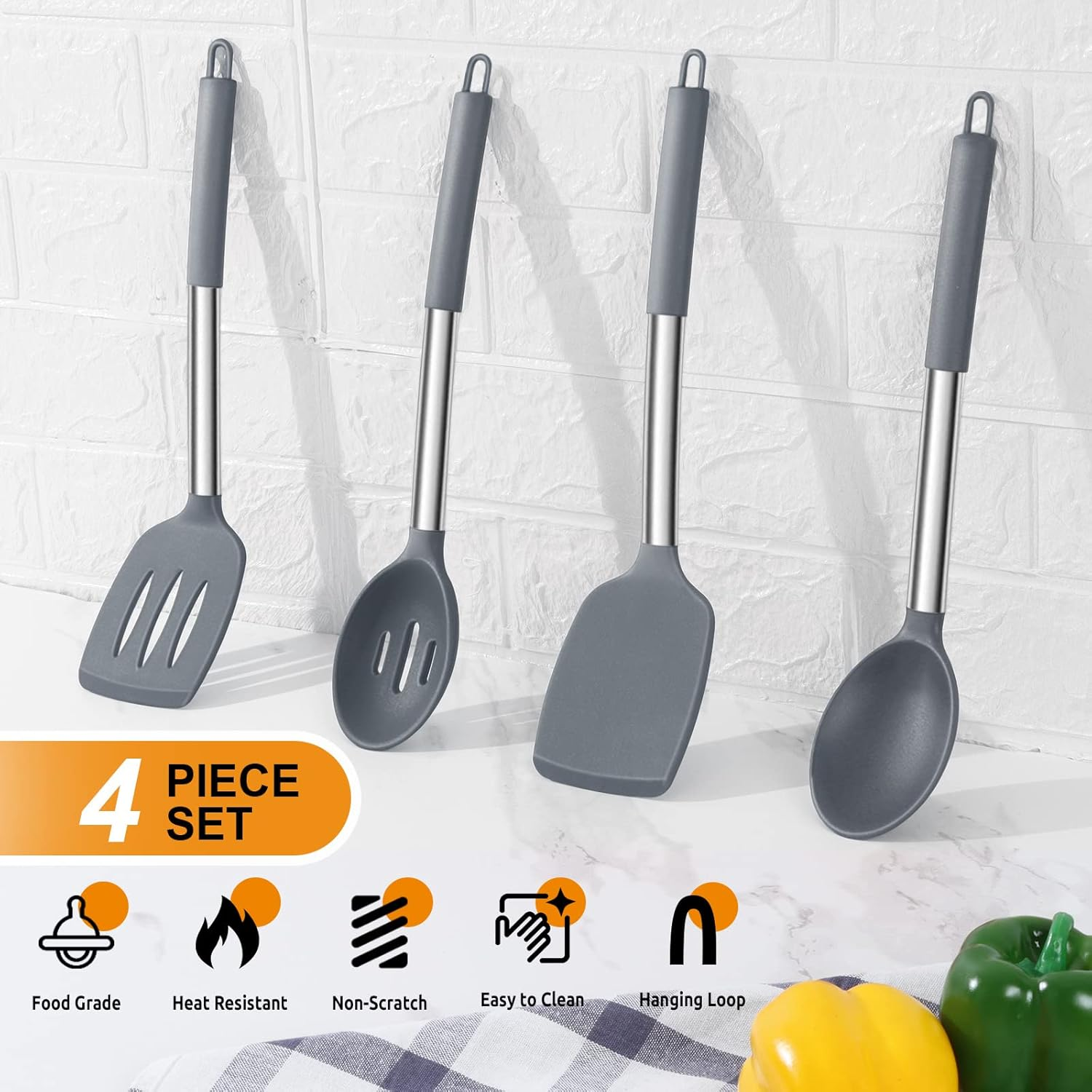 E-Far 4-Piece Silicone Cooking Utensils Set (Grey) image number 6