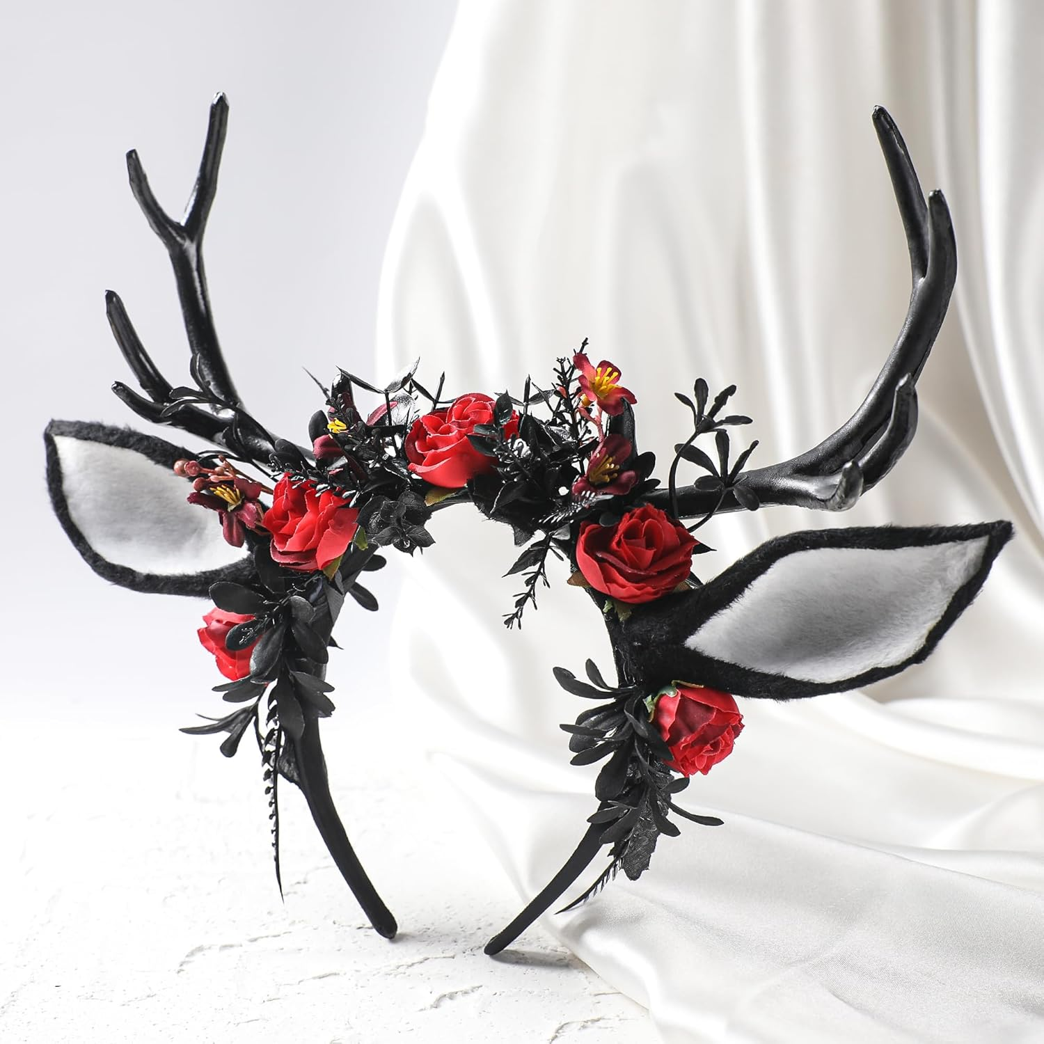 MOSTORY Black Flower Antler Headband - Dark Floral Decorated Antler Headband with Deer Ears, Gothic Reindeer Headpiece for Renaissance Renfaire Outfit, Halloween Deer Cosplay image number 1