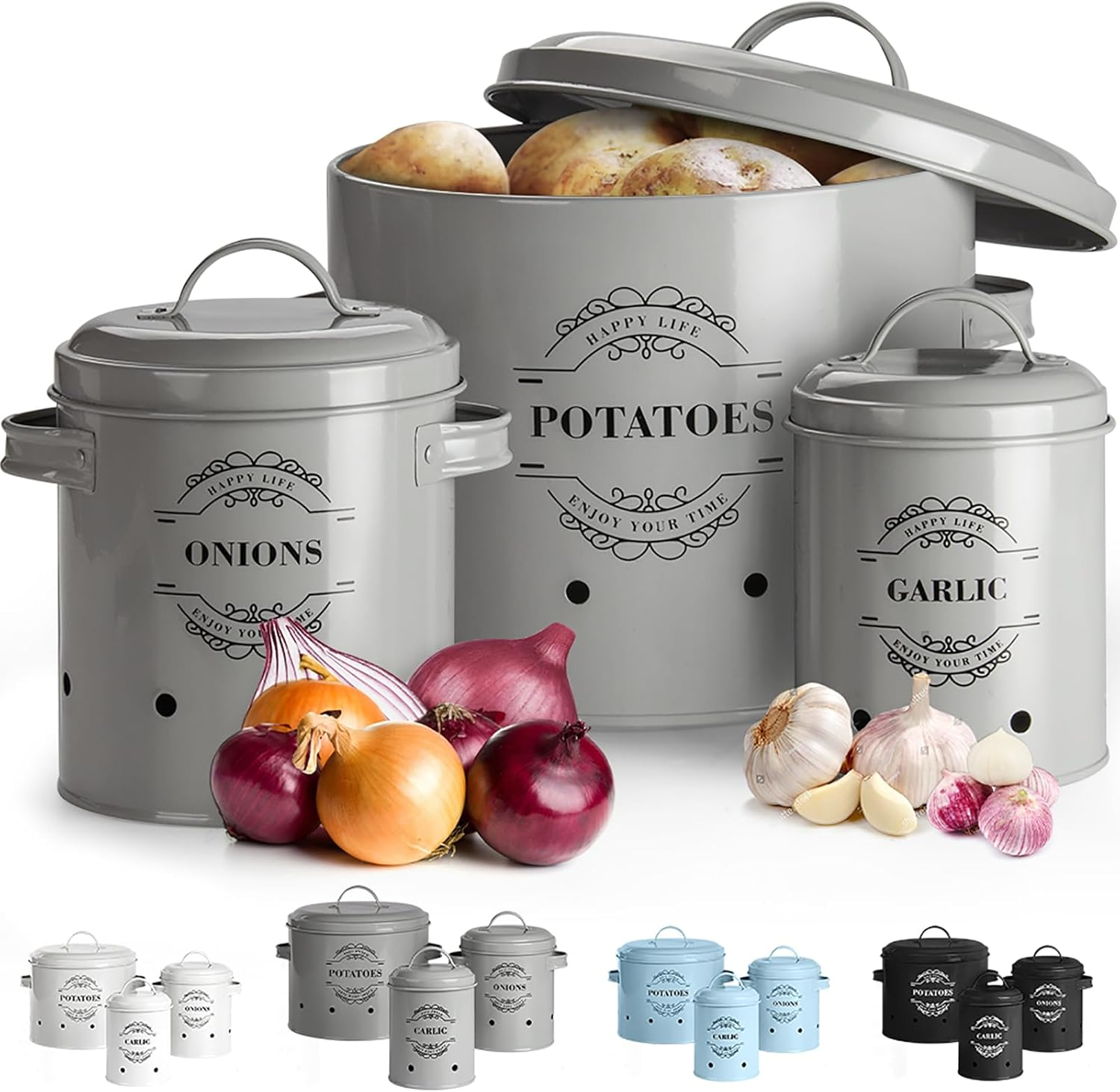 Set of 3 Potato Onion Garlic Storage Bins Kitchen Vegetable Storage Tins Potato Storage Jars with Lids Onion Storage Containers with Ventilation Holes Keeps Vegetables Fresh Longer (Black)