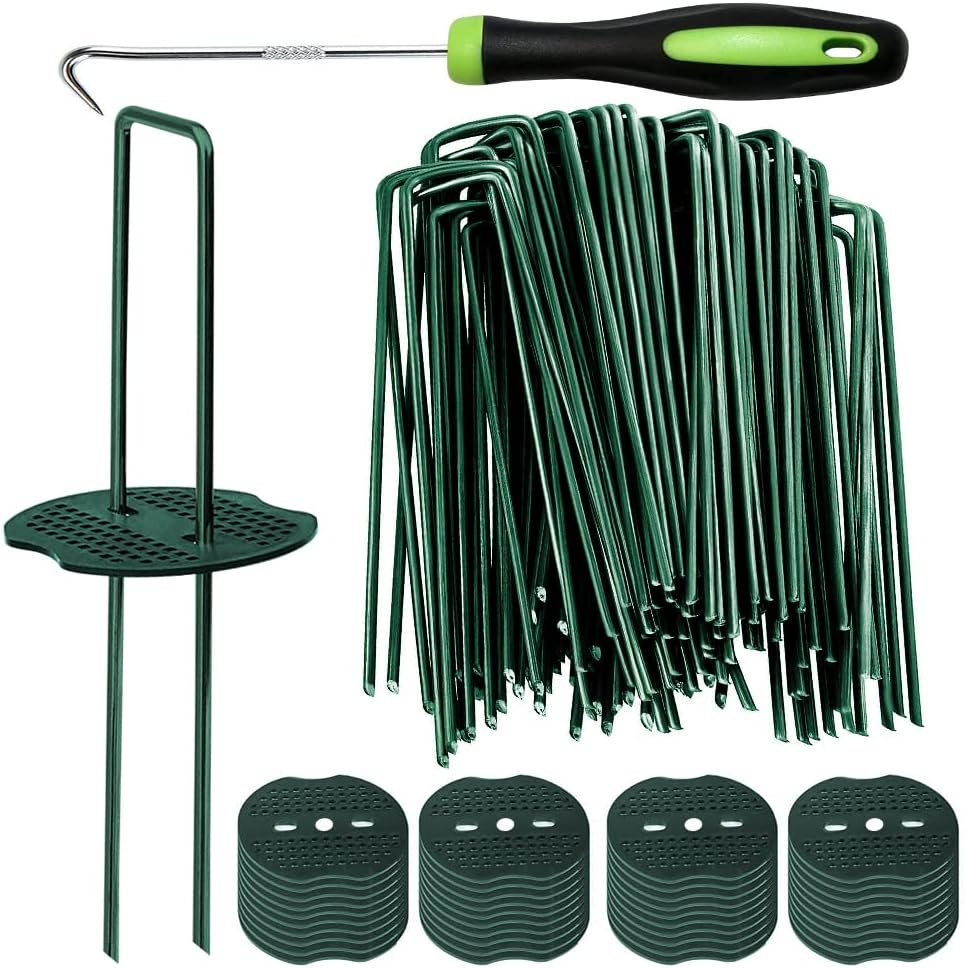 Bakulyor 50Pcs Green Artificial Turf Stakes Staples + 50Pcs Buffer Washer, 6 Inch 11 Gauge Landscape Staples, Galvanized Lawn Spikes, Heavy Duty Yard Ground Pin for Grass Weed Barrier Sod Fabric image number 1