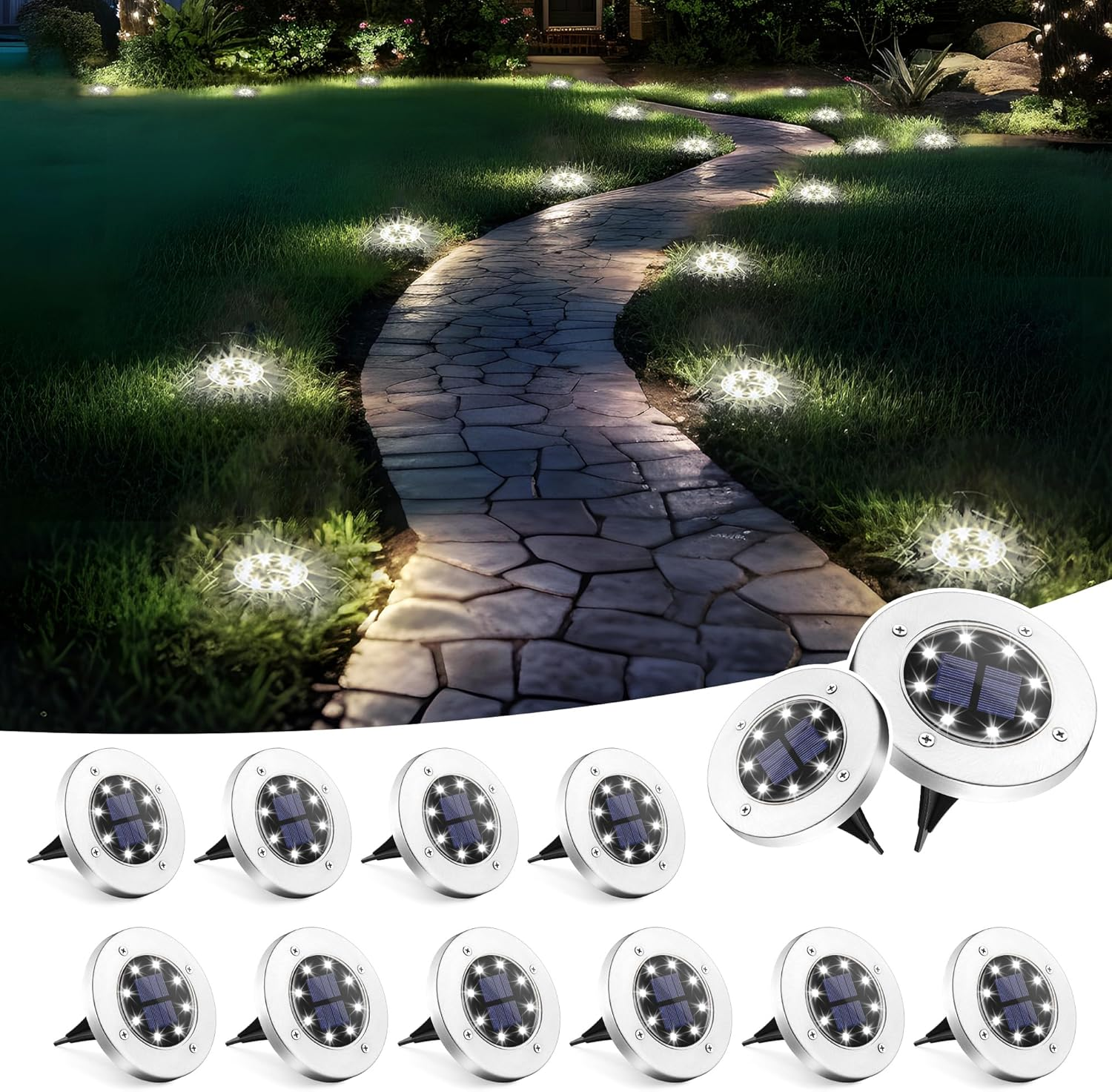 Solar Ground Lights, 12 Pack Solar Lights Outdoor Waterproof, 8 LED Solar Powered Landscape Lighting for Garden Yard Patio Driveway Pathway Walkway (Warm White)