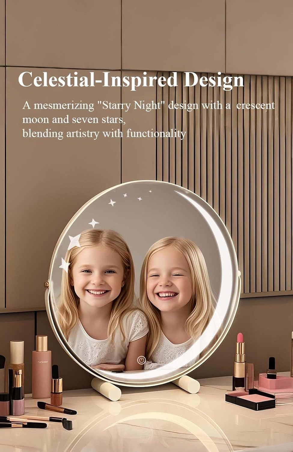 LED Vanity Mirror with Starry Sky Lights Crescent Moon 3-Color Adjustable Makeup Mirror round HD Mirror for Girls (Starlight,Gold 30Cm) - White 30Cm image number 2