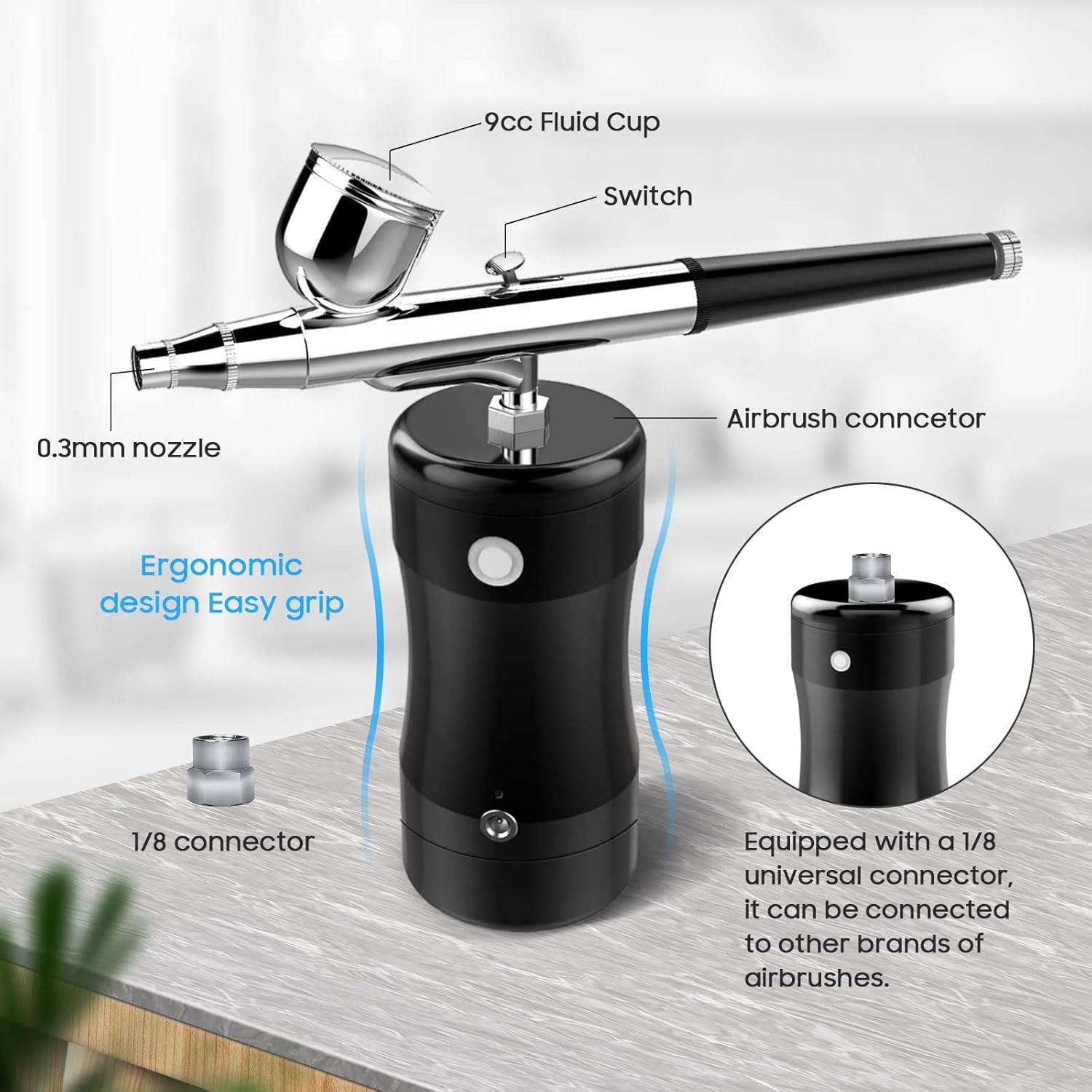 COSSCCI Handheld Airbrush Kit, Mini Air Compressor Spray Gun Single Action USB Rechargeable Airbrush Set for Makeup Art Nail Painting Tattoo Manicure Cakes (Black) image number 5