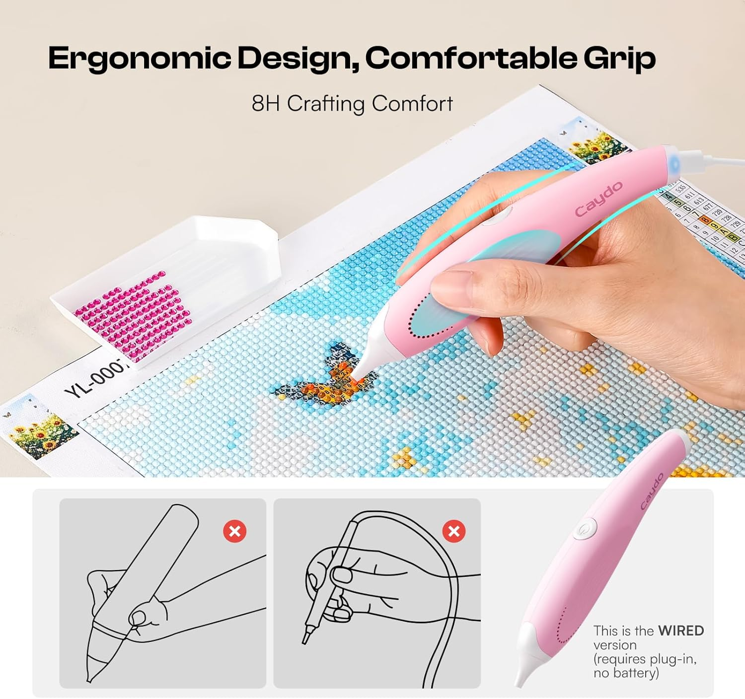 Caydo Wired Electric Diamond Painting Pen (Plug-In Use), E-Painter for Diamond Painting - Ergonomic Vacuum Tool with 2-Tips, Diamond Art Accessories Tools for Setting Diamonds without Wax (Pink) image number 3