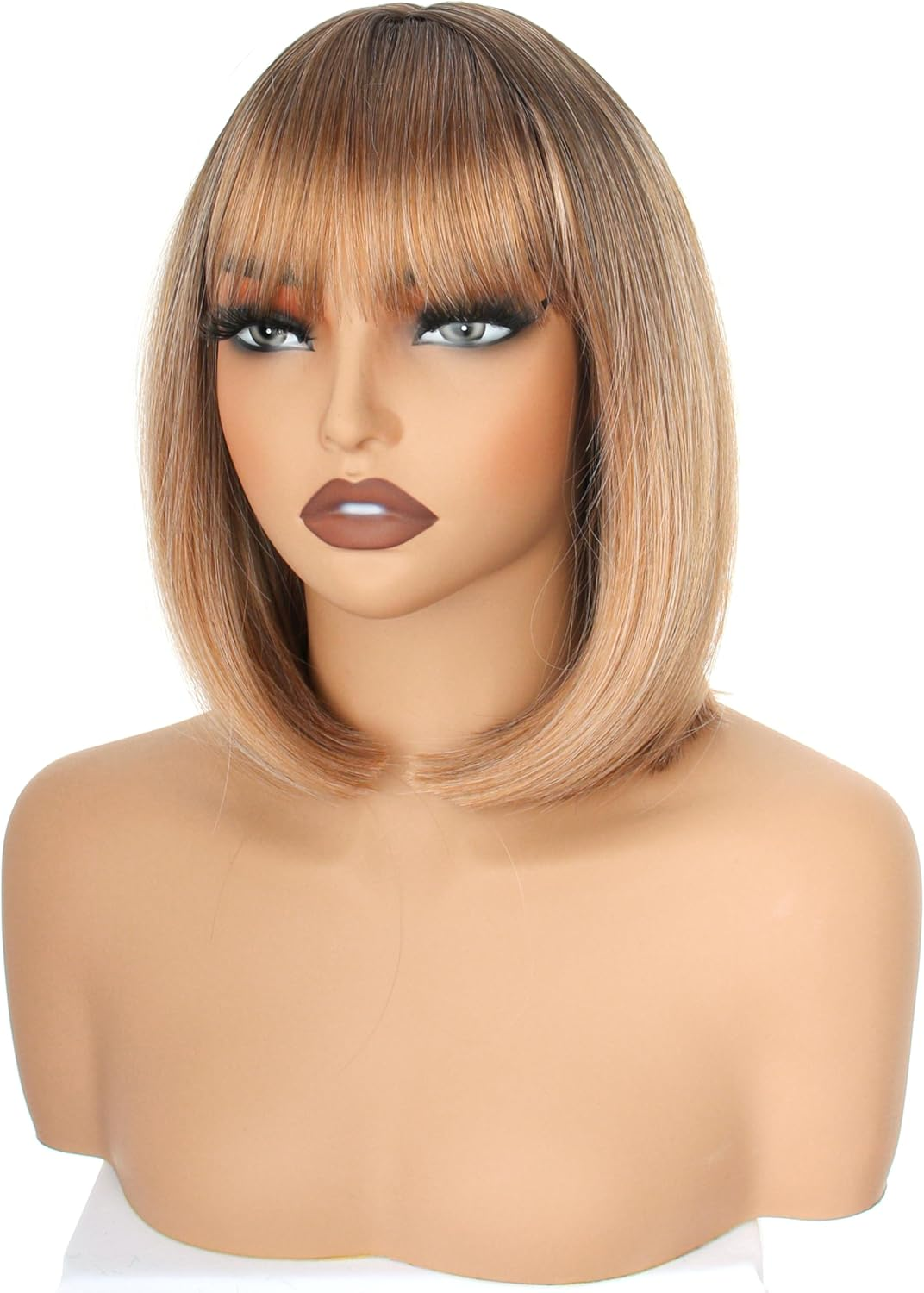 YEESHEDO Women'S Short Bob Wigs Straight with Flat Bangs Colorful Hair for Cosplay Party Halloween Costume Replacement Wig for Girls 12" (Blonde Ombre) - Black image number 2