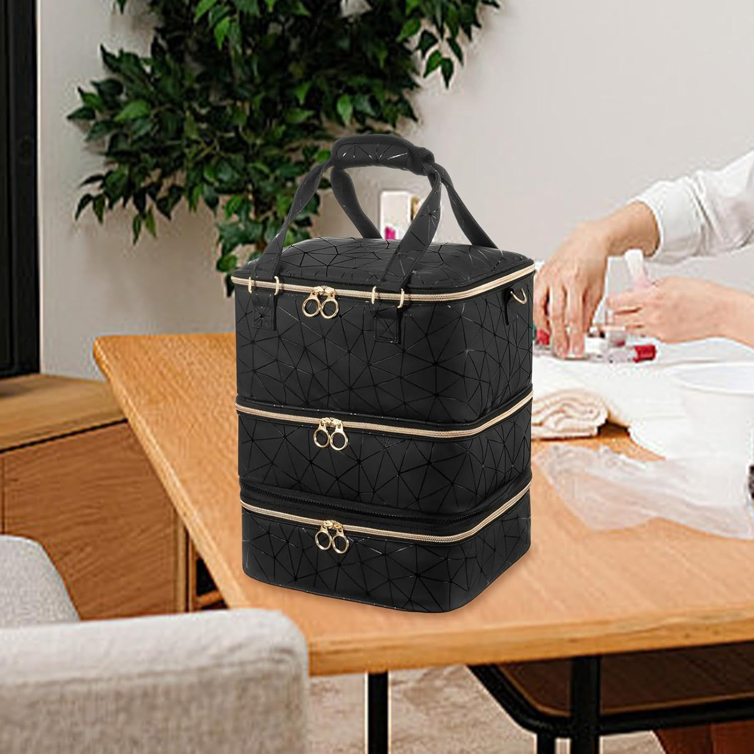 Perfk Nail Polish Organizer Detachable PU Leather Travel Nail Supplies Bag Three Layers Holds 84 Bottles for Nail Polish Nail Lamp image number 5