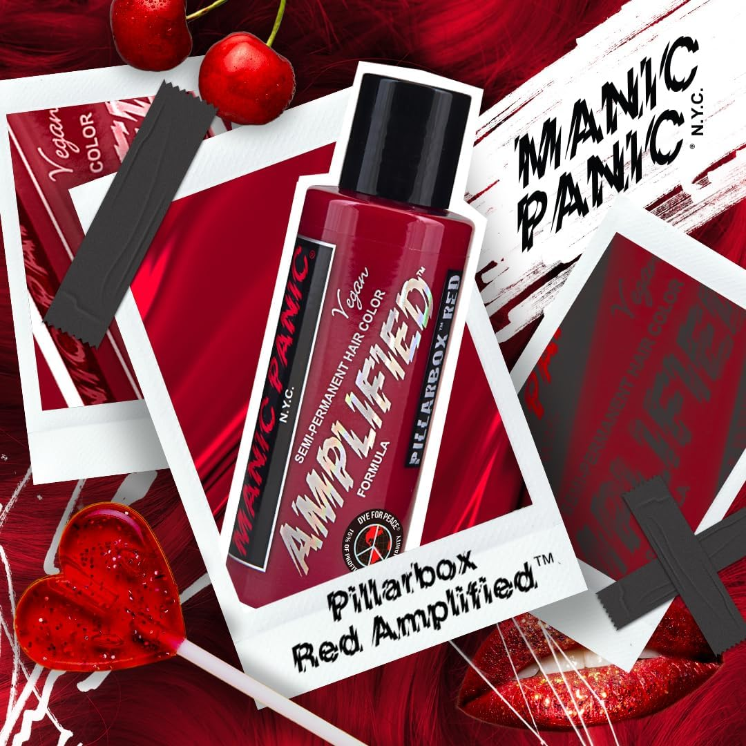 MANIC PANIC Pillarbox Red Hair Color - Amplified - Semi Permanent Hair Dye - Deep True Red Color - for Dark & Light Hair - Vegan, PPD & Ammonia-Free - for Coloring Hair with Men & Women