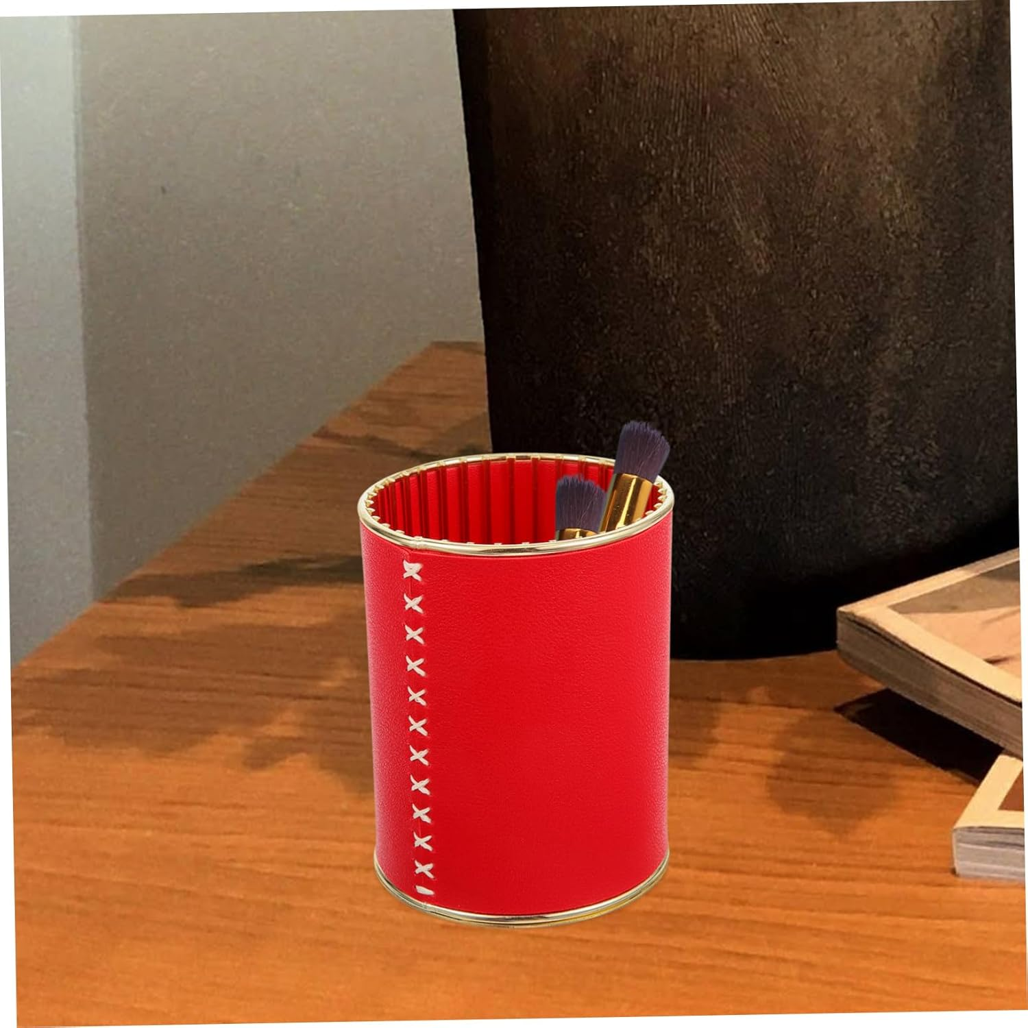 SECFOU Stylish Makeup Brush Storage Tube Desk Organizer Storage Box Leather Pen Holder image number 3