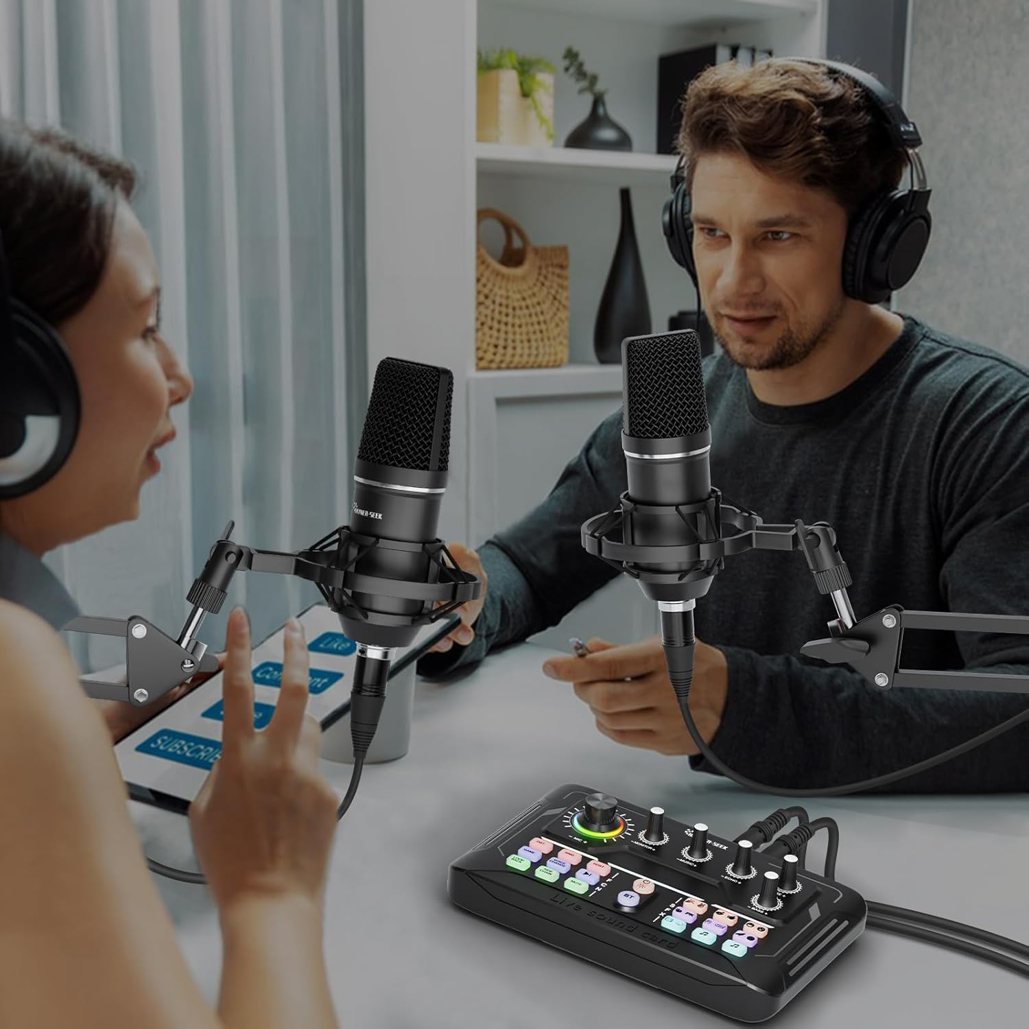 Podcast Equipment Bundle for 2, Audio Mixer with 3.5Mm Podcast Microphone, Voice Change DJ Mixer for Live Streaming Singing Gaming (P900) image number 4