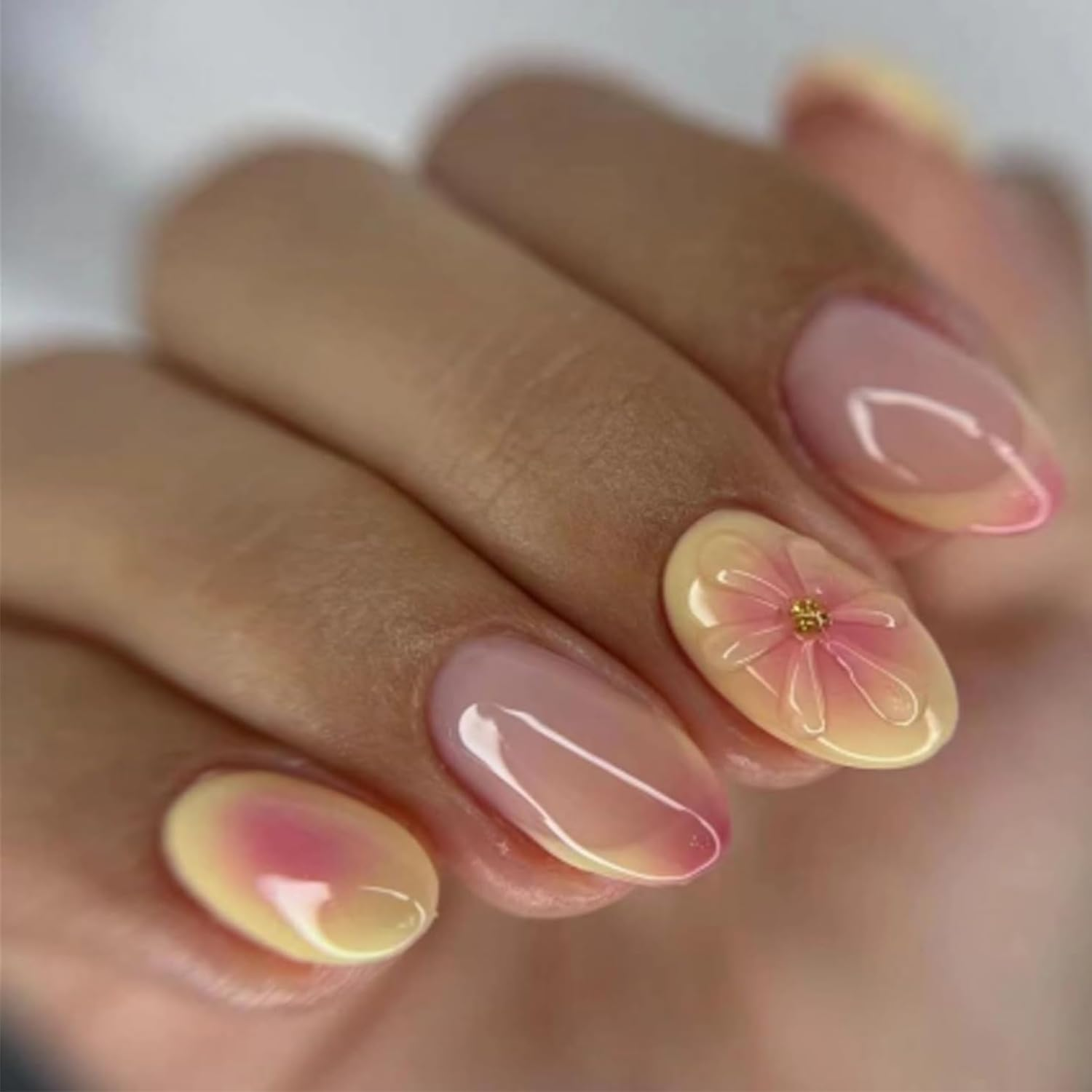 RIICFDD 24 Pieces Almond Style Short False Nails with French Tip, 5D Flower, Drawings, Yellow Tips, Bright Pink Acrylic for Women