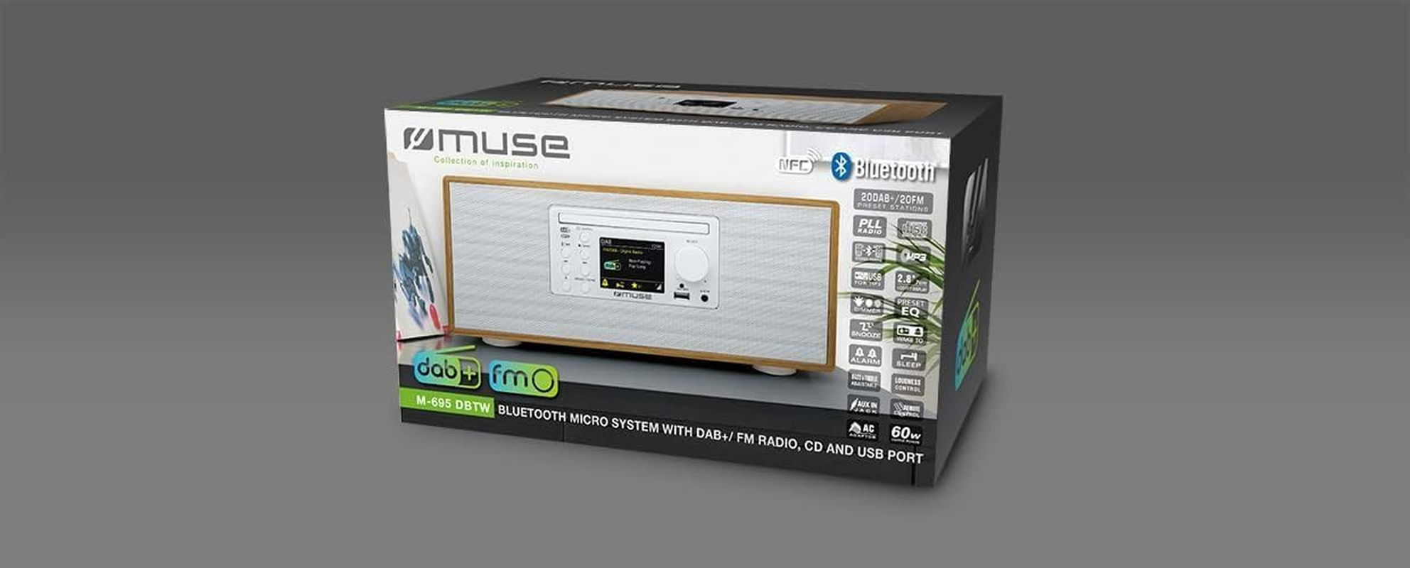 MUSE M-695 Hi-Fi System in White, with DAB Radio, Bluetooth, CD Player, Two Integrated Speakers, in Real Wood Casing