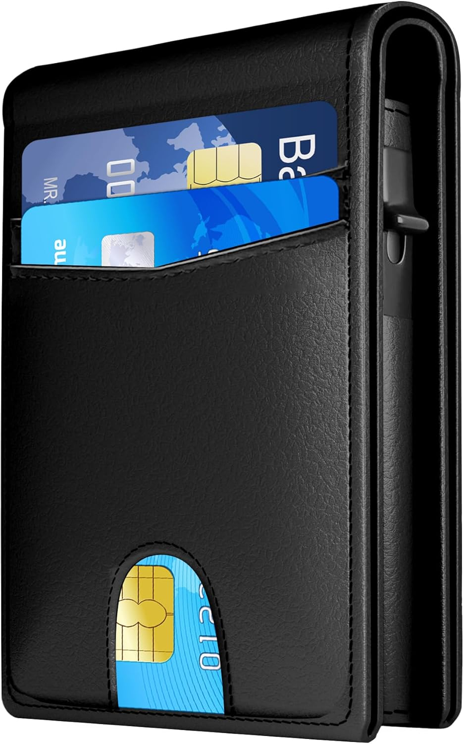 QLD Minimalist Wallet for Men - Slim RFID Blocking Bifold Credit Card Holder Leather Pop up Wallet Aluminum Case with Cash Slot, Front Pocket with ID Window, Gift Boxed, Carbon Fiber, Minimalist