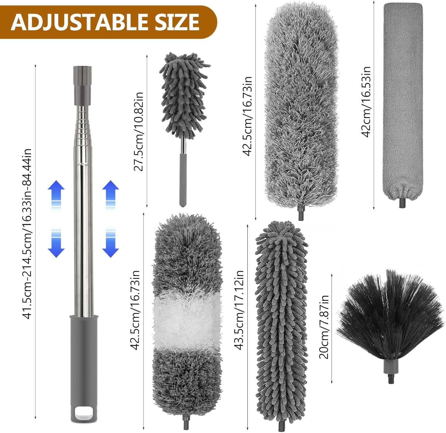BTBHIHO Pack of 7 Telescopic Washable Duster, Microfibre Duster, Can Be Extended to 2.8 Metres, Spider Web Remover, Dust Brush, Dust Brush for Gaps Ceilings, Cobwebs, Grey image number 5