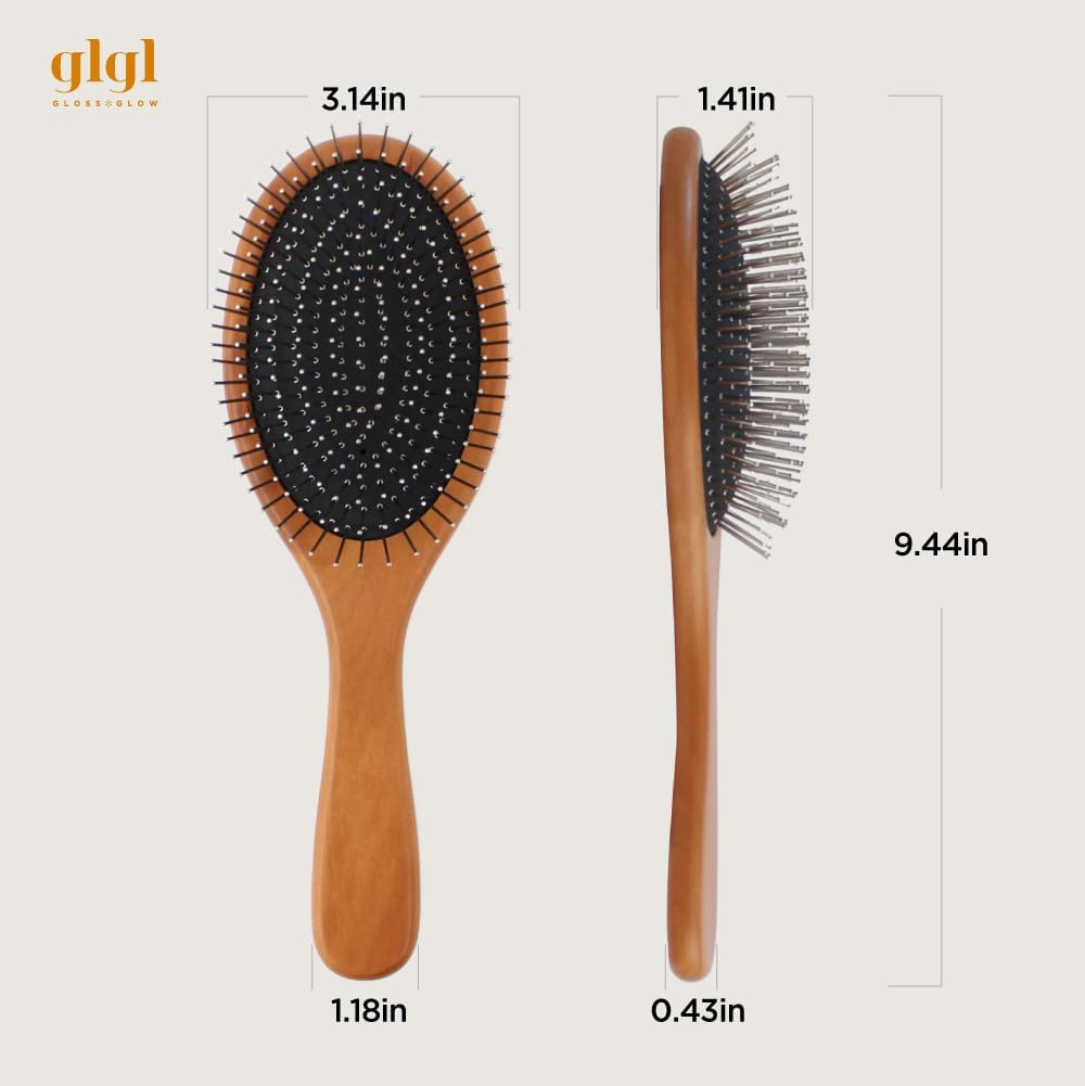 GLGL Wet Brush with Classic Wooden Handle. Detangler Hair Brush with Soft Metal Bristles & Soft Cushion Pad - Scalp Massaging Comb for Tangled and Wet Hair