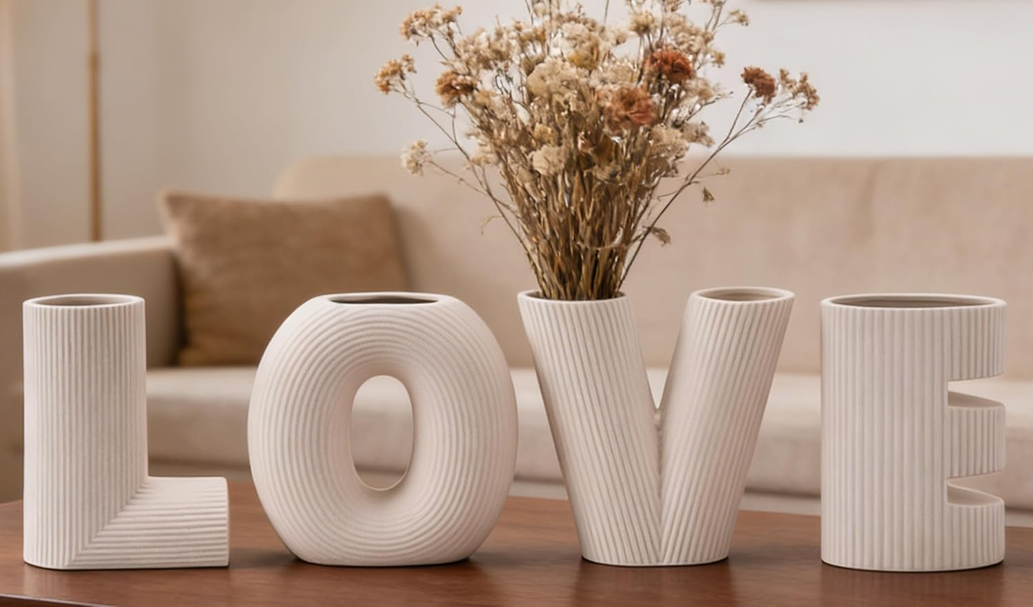 Creative Ceramic Vase Set of 4, Letters Shape Flower Vase, Multicolor Modern Minimalism Home Decor for Living Room, Table Centerpieces(Green/Brown/Burgundy/Khaki)
