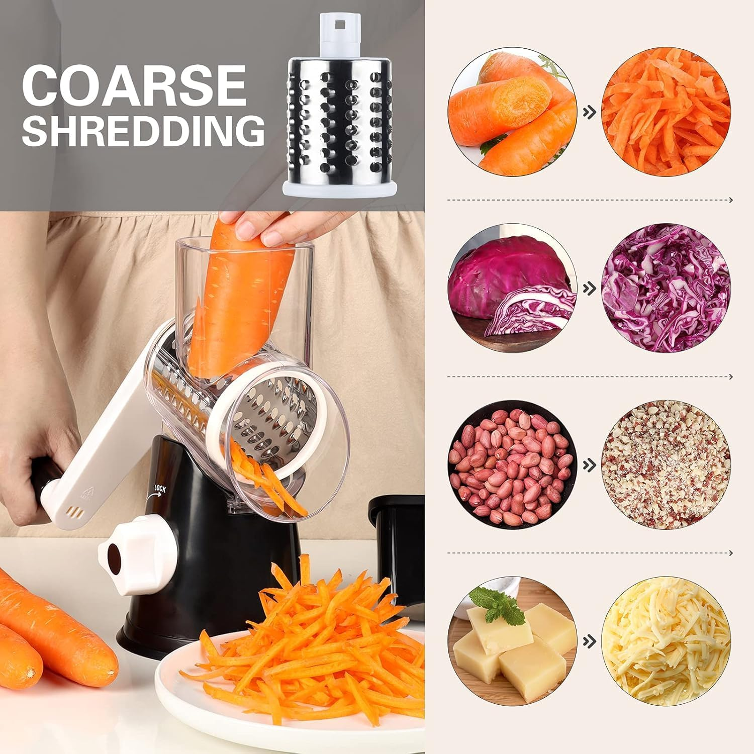 Cozioz 3-In-1 Rotary Cheese Grater with Handle &ndash; Stainless Steel Blades, Hand-Crank Cheese Shredder & Slicer, Easy to Clean with Storage Box image number 2