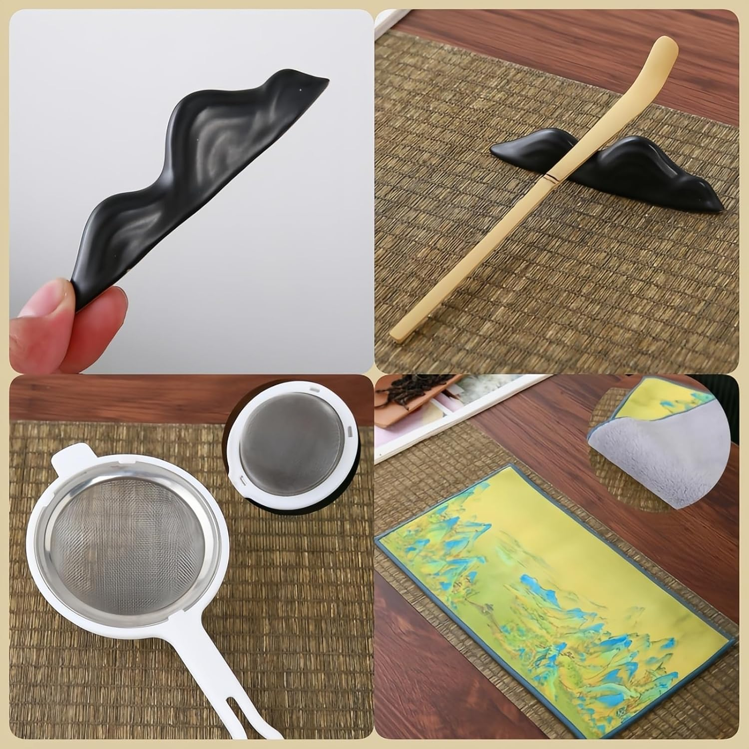 Matcha Whisk Set Matcha Tea Bowl Sets 7Pcs Matcha Tea Bowl Matcha Whisk Matcha Scoop Whisk Holder Scoop Holder Sifter Tea Cloth, Traditional Tea Ceremony Japanese Matcha Tea Kit Kiln White image number 6