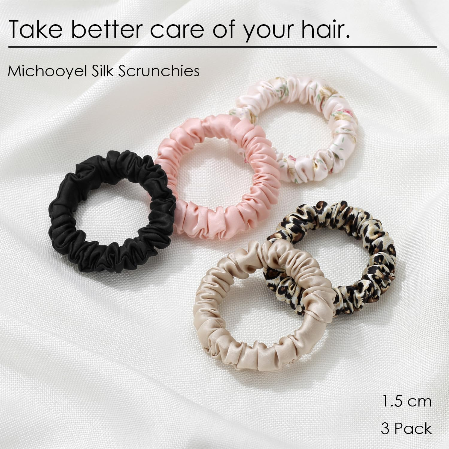 Michooyel Pack of 3 Women'S Silk Hair Bobbles, 100% Pure Mulberry Silk, 1.5 Cm Mini 16 Momme Silk Hair Rings with Elastic Band, Hair Bobbles for Women, Silk Scrunchies (Black Brown)