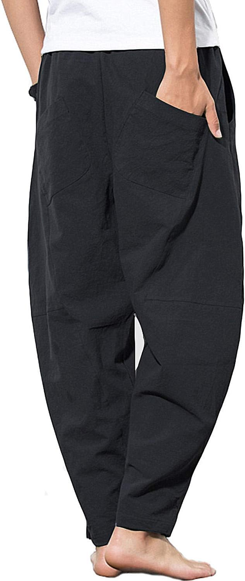 AITFINEISM Men'S Casual Linen Cotton Pants Comfy Loose Fit Elastic Waist Wide Leg Trousers image number 2