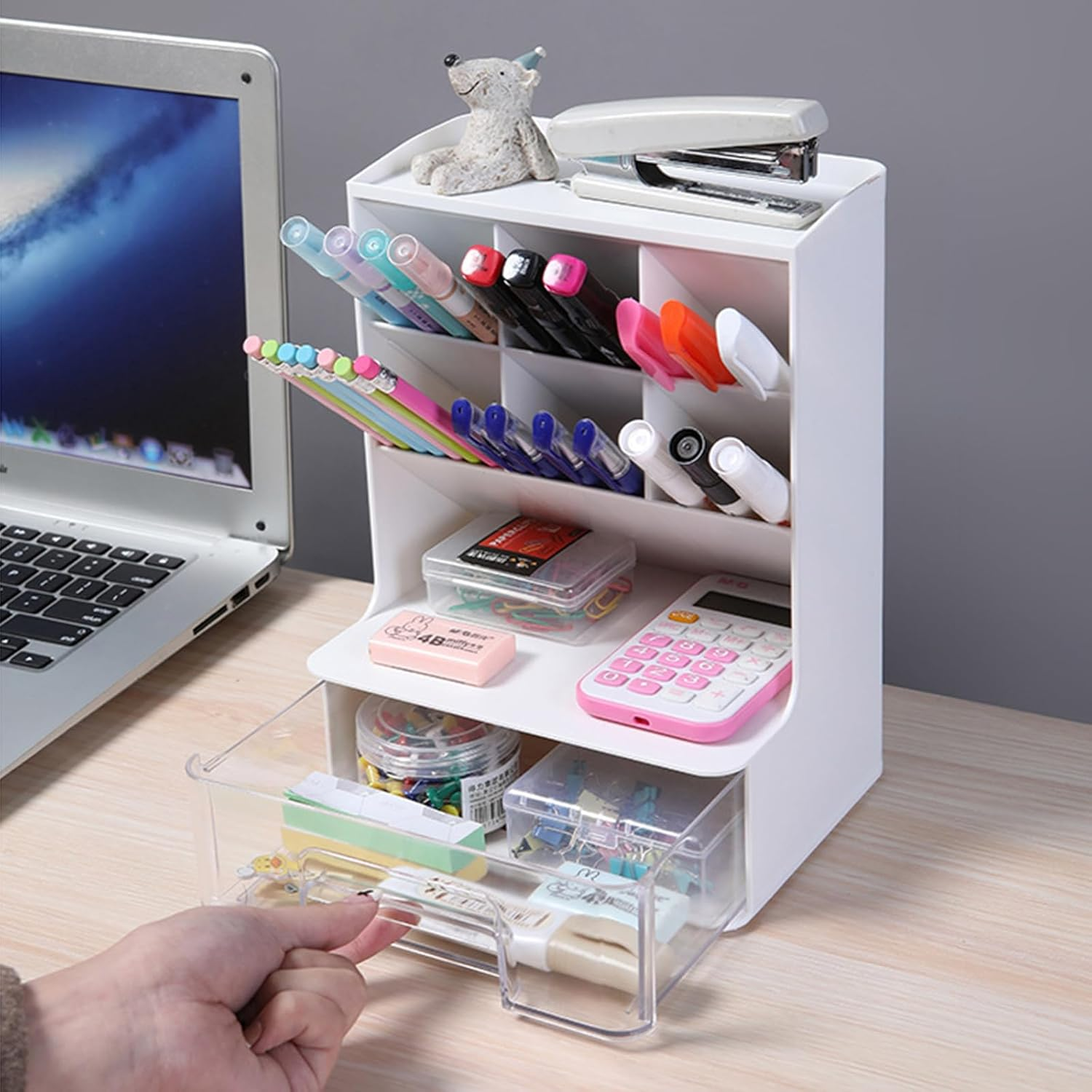 Enliansgo Desk Organizer Office Desktop Organizer with Drawer, Multi-Functional Pencil Organizer, Desk Organizers and Accessories for Office Art Supplies, Desktop Stationary Organizer Caddy (White) - Green image number 3