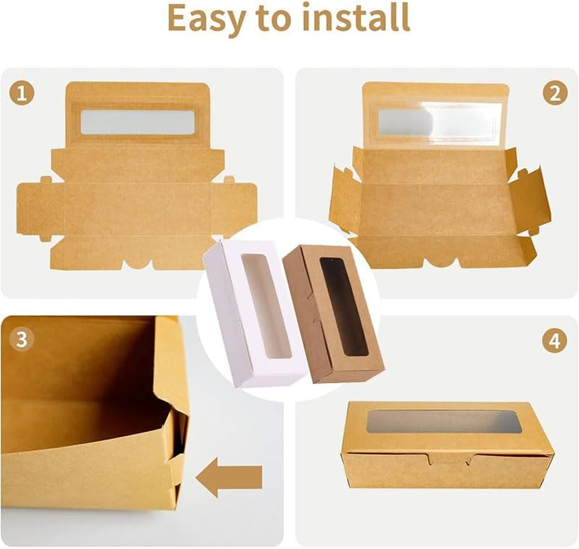 Kraft Bakery Boxes - 10 Small Pastry Treat Boxes with Window, Gift Packaging for Cookies, Pastries, Mini Cakes, Donut, Pie Slice, Stickers Included (Brown) - Brown image number 3