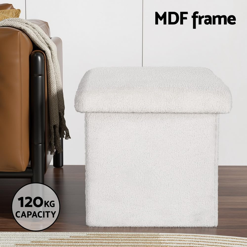 Artiss Storage Ottoman Foot Stool, Folding Lounge Foot Pouf Vanity Stool Make Up, Square Foldable Padded Seat Rest Home Decor Bedroom Hallway Office Living Room Furniture, Teddy Fabric, White image number 4