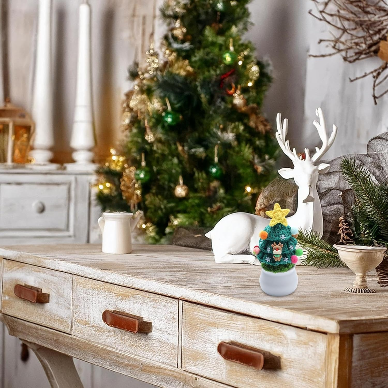 Knitted Christmas Tree, Desktop Christmas Tree Decoration, Christmas Tree with Pot, Holiday Tabletop D?Cor, Winter Christmas Tree Art Craft, Holiday Home Decoration for Holiday, Home, Tabletop Decor image number 5