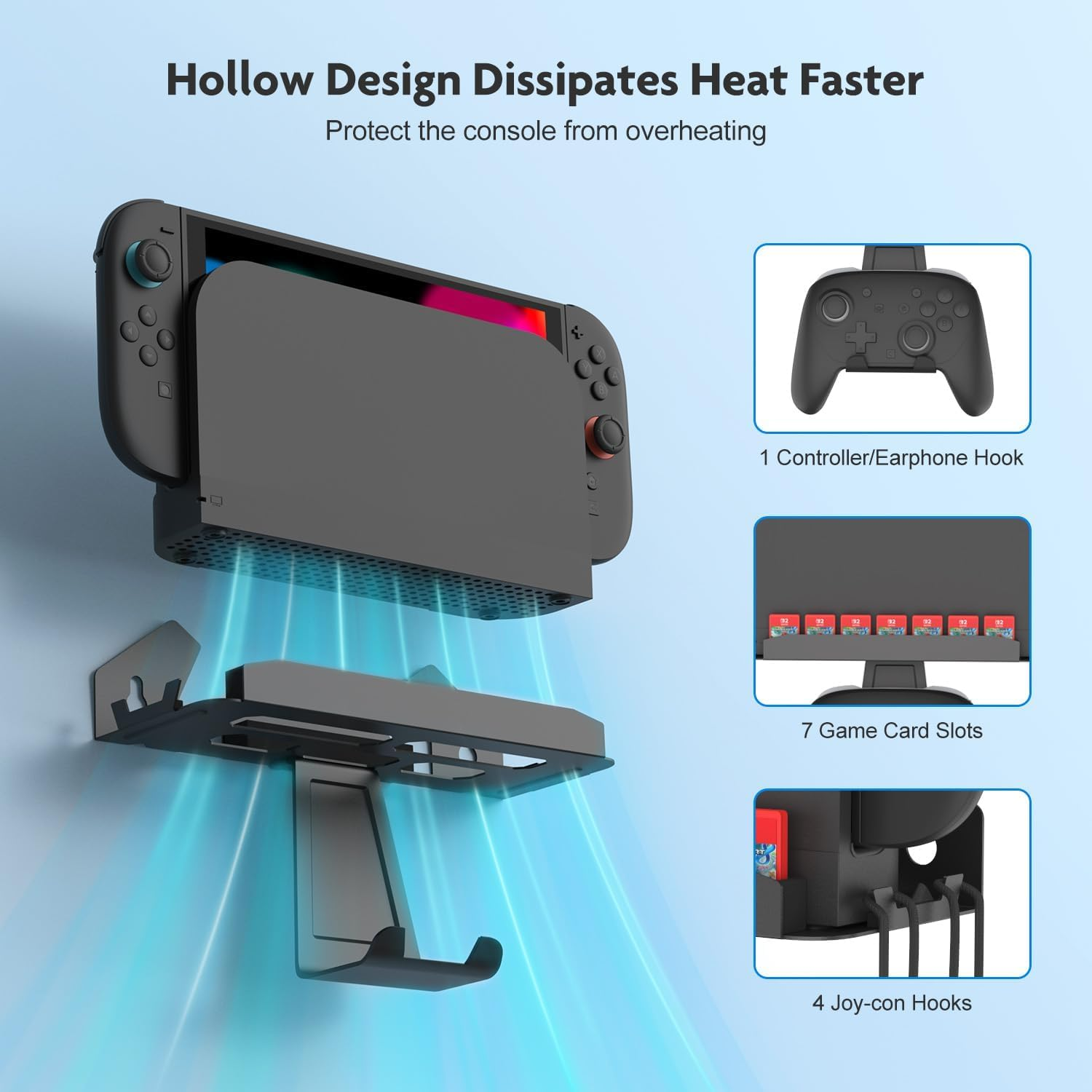 Metal Wall Mount for Nintendo Switch 2 Console, Switch 2 Organizer Shelf Base Kit behind TV, Switch 2 Accessories with 7 Card Slots and 4 Joy-Con Hanger, Carbon Black image number 3