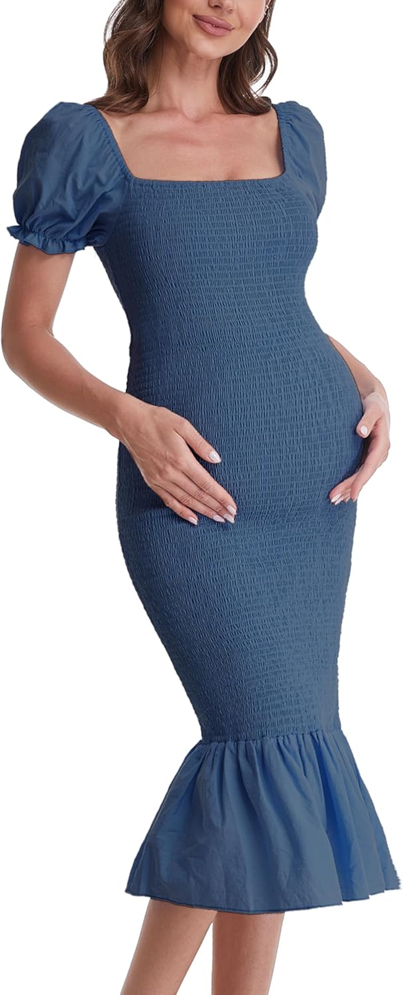 Maternity Summer Midi Bodycon Dresses, Short Puff Sleeve Square Neck Ruffle Hem Mermaid Baby Shower Dress, Lake Blue, Small image number 3