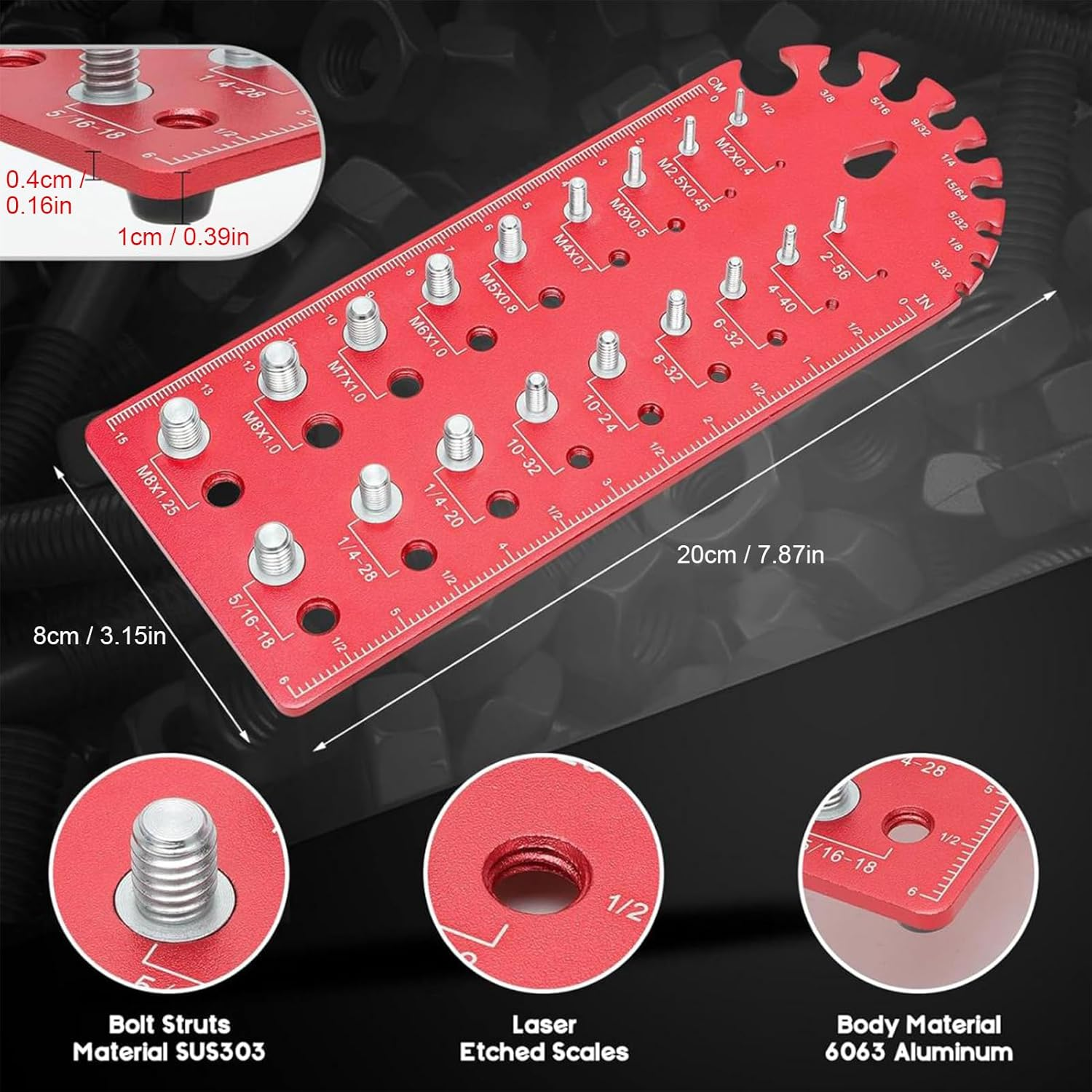 Thread Checker Bolt and Nut Aluminum Metric Imperial Sizes with Side Ruler Drill, Length Measurement for Mechanical Engineering, Construction image number 2