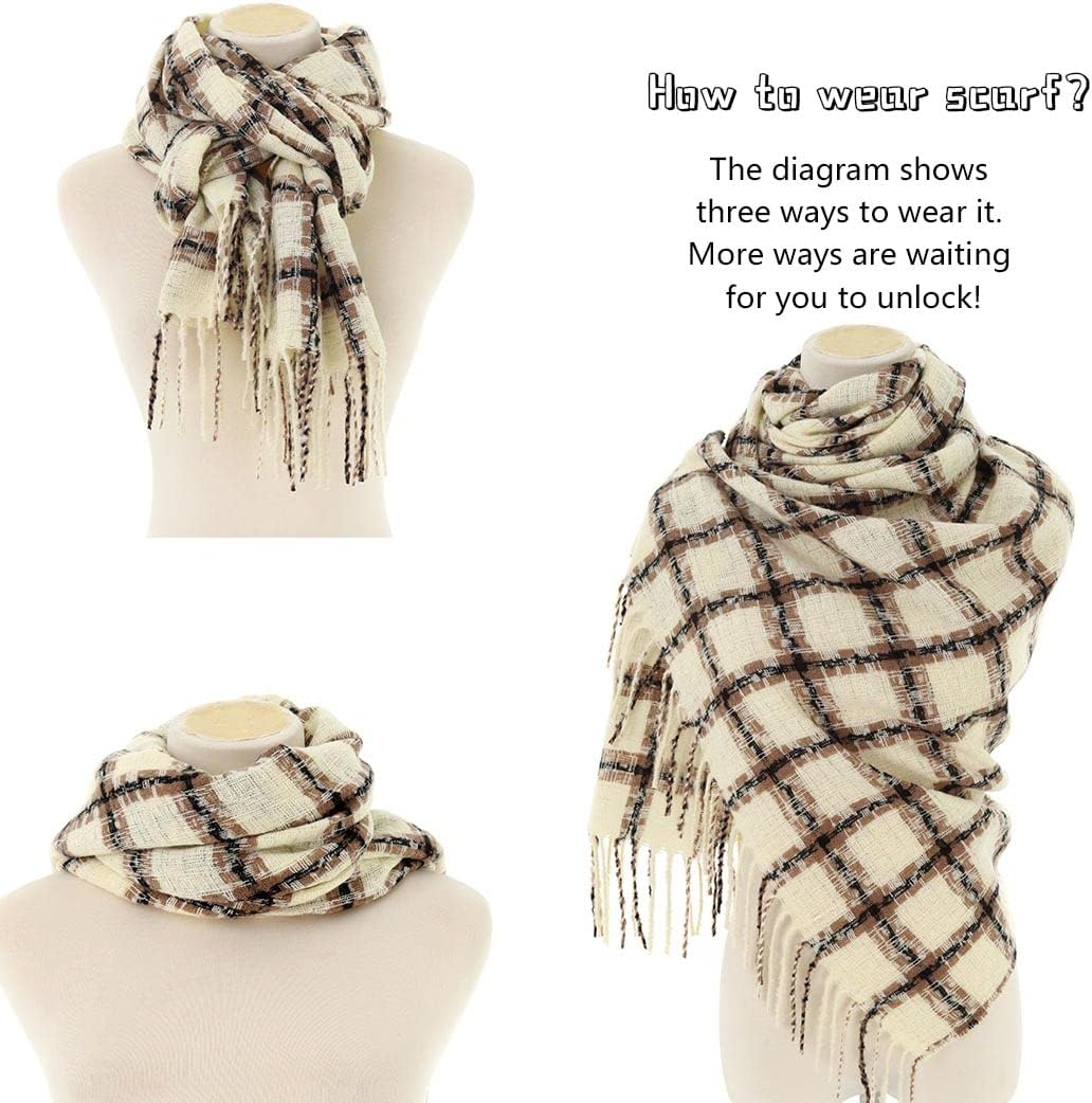 Campsis Winter Scarf Women'S Warm Long Shawl Big Grid Plaid Check Blanket Scarves Fringe Cashmere Feel Pashmina Cozy Shawl Wraps Cold Weather Accessories for Women and Girls, Beige, 7 image number 2