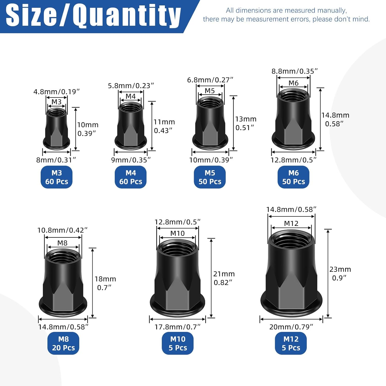 Glarks 250Pcs Thread Half Hexagonal Rivet Nuts Set M3 M4 M5 M6 M8 M10 M12 Black Zinc Plated Carbon Steel Flat Head Rivnut Threaded Insert Rivet Nuts for Construction Industrial image number 4