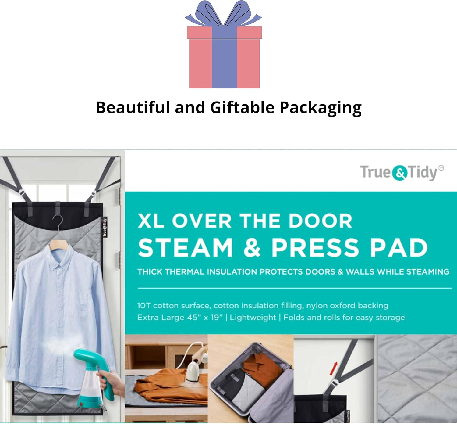 True & Tidy XL over the Door Protective Clothes Steamer Pad, Ironing and Press Pad, Helps Protect Surfaces While Garment Steaming, with 3 Hanger Hooks image number 4