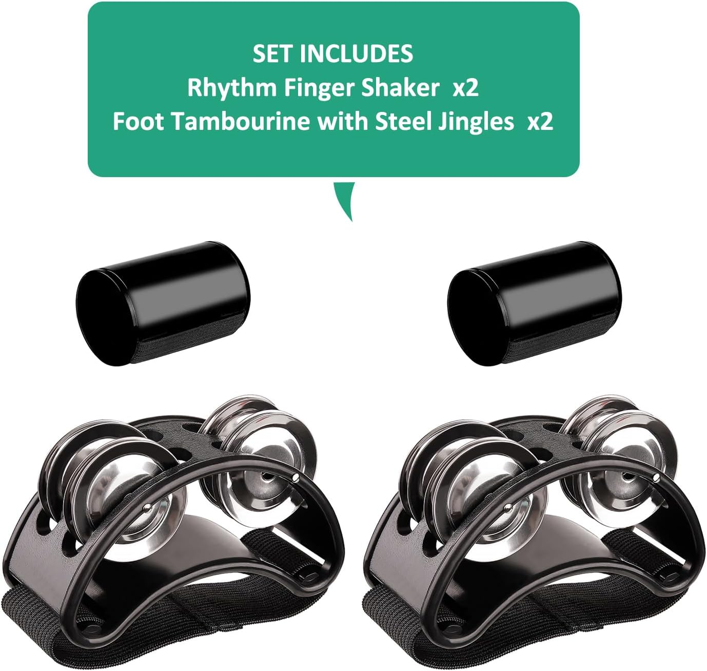 2 Set Foot Tambourine Shaker & Rhythm Finger Shaker with Elastic Strap, Percussion Musical Instrument Set for Ukulele Guitar Drum Mandolin Banjo Playing (Black) image number 5