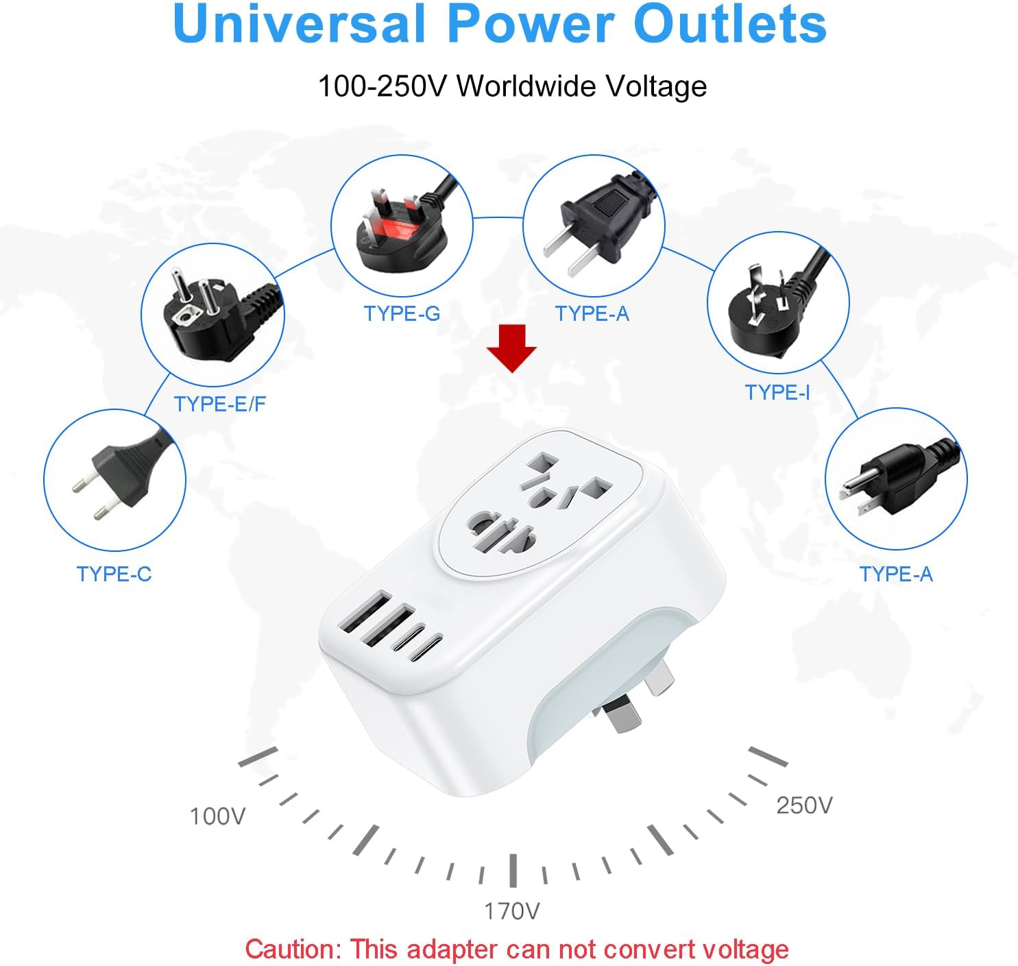 UK/US/JP/CA/EU to AU/NZ Adaptor Plug with Insulated Pins, Universal Plug Convert to 3-Pin Australian/New Zealand/China Socket with 2USB-A and 2USB-C Multi-Port Travel Power Adapter