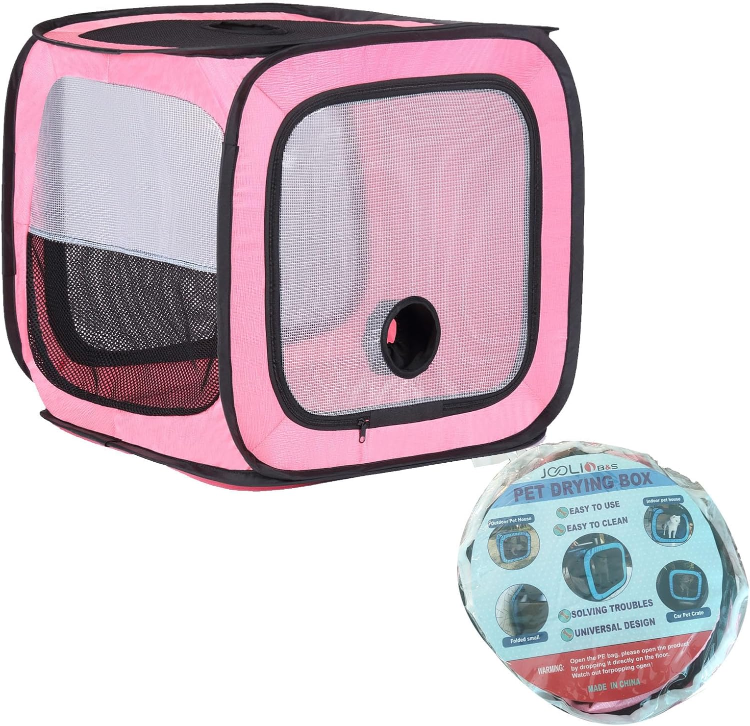 Pet Dog Cat Drying Box Waterproof Anti-Hair Flying Portable Cat Cage Kennel Portable Foldable Cat Drying Room Pet Dry Room Pet Hair Dryer Clean Grooming House Dryer Cage for Cats/Dogs. (Pink)