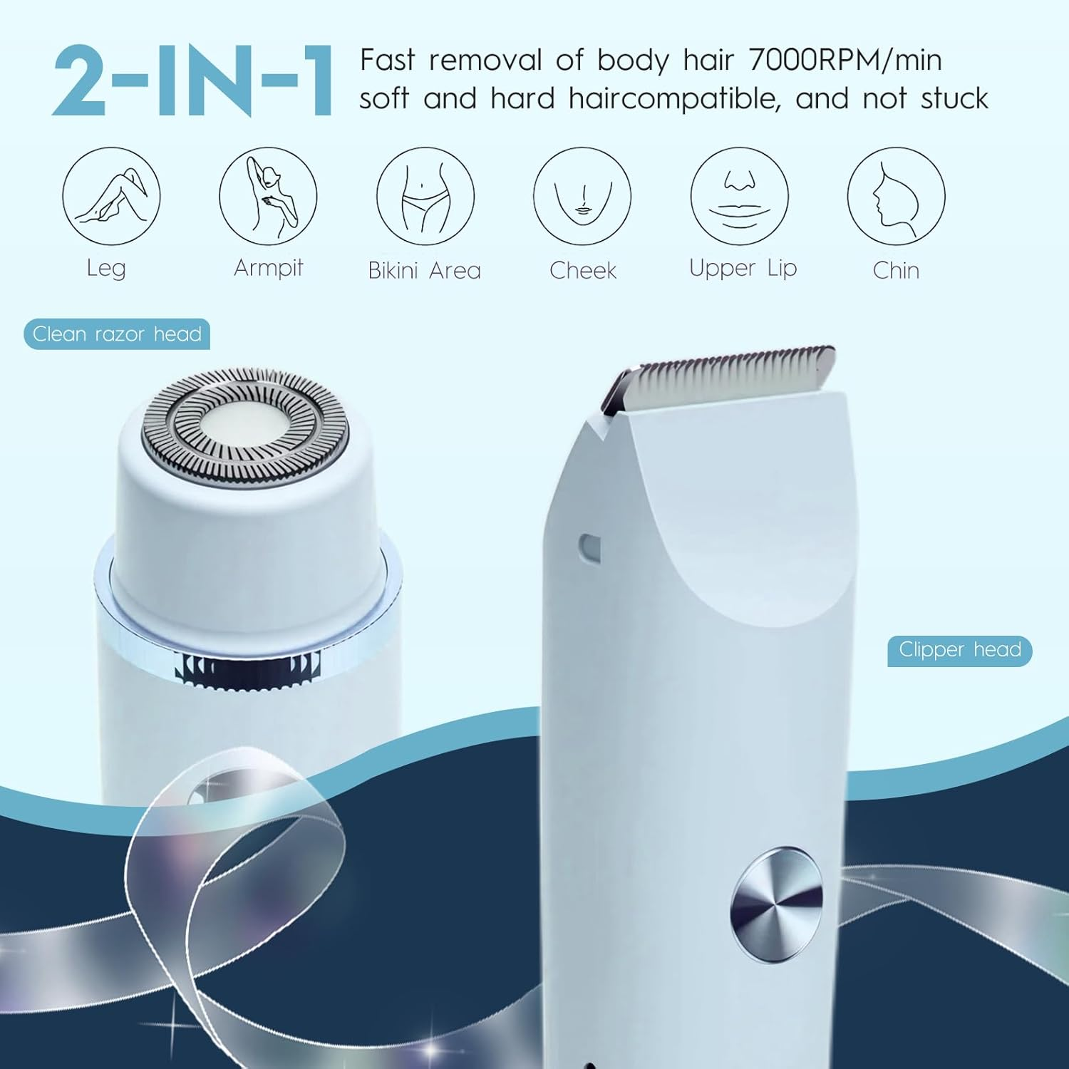 2 in 1 Electric Razors for Women, Rechargeable Bikini Shaver, Waterproof Dual Head Shaver with LCD Display, Painless Hair Removal (Glacier Blue) image number 3