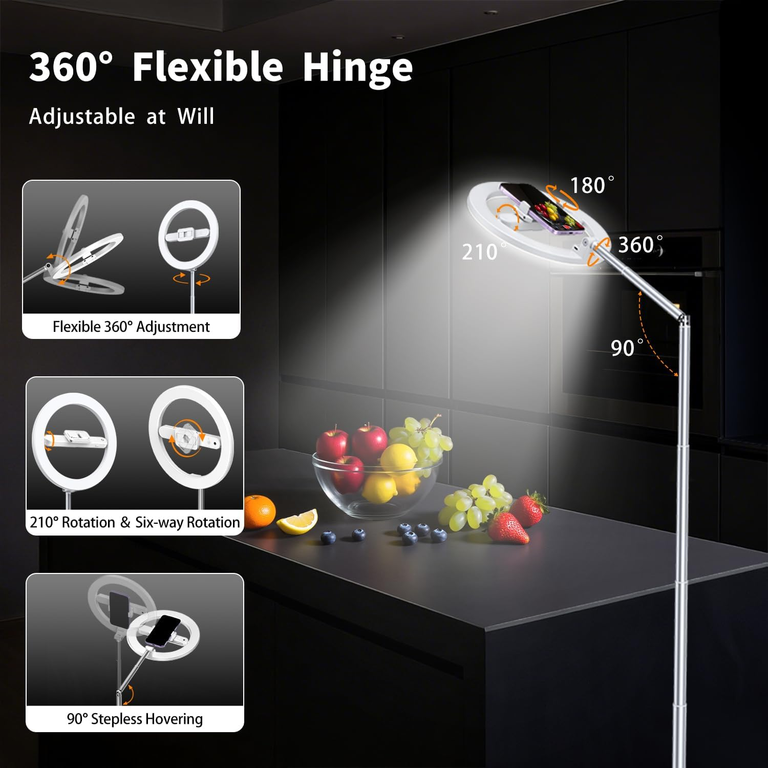 Yayusi 68.5" Overhead Phone Mount with Ring Light for Iphone, 3000Mah 360&deg; Rotation Foldable Rechargeable Ring Light Phone Holder for Video Recording, Photography, Live Streaming, Tiktok, Youtube image number 6