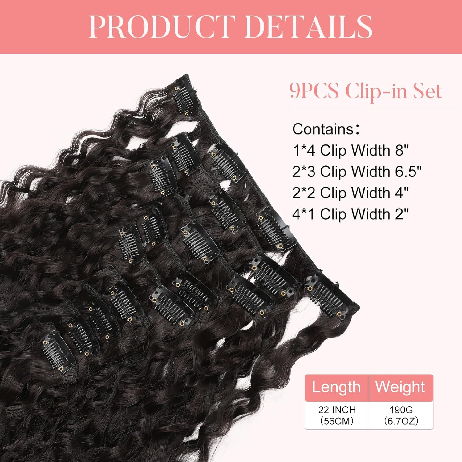 FLUFYMOOZ 9PCS Clip in Hair Extensions 22 Inch Curly Hair Extension Long Soft Synthetic Hairpieces for Women (Black Brown) image number 5