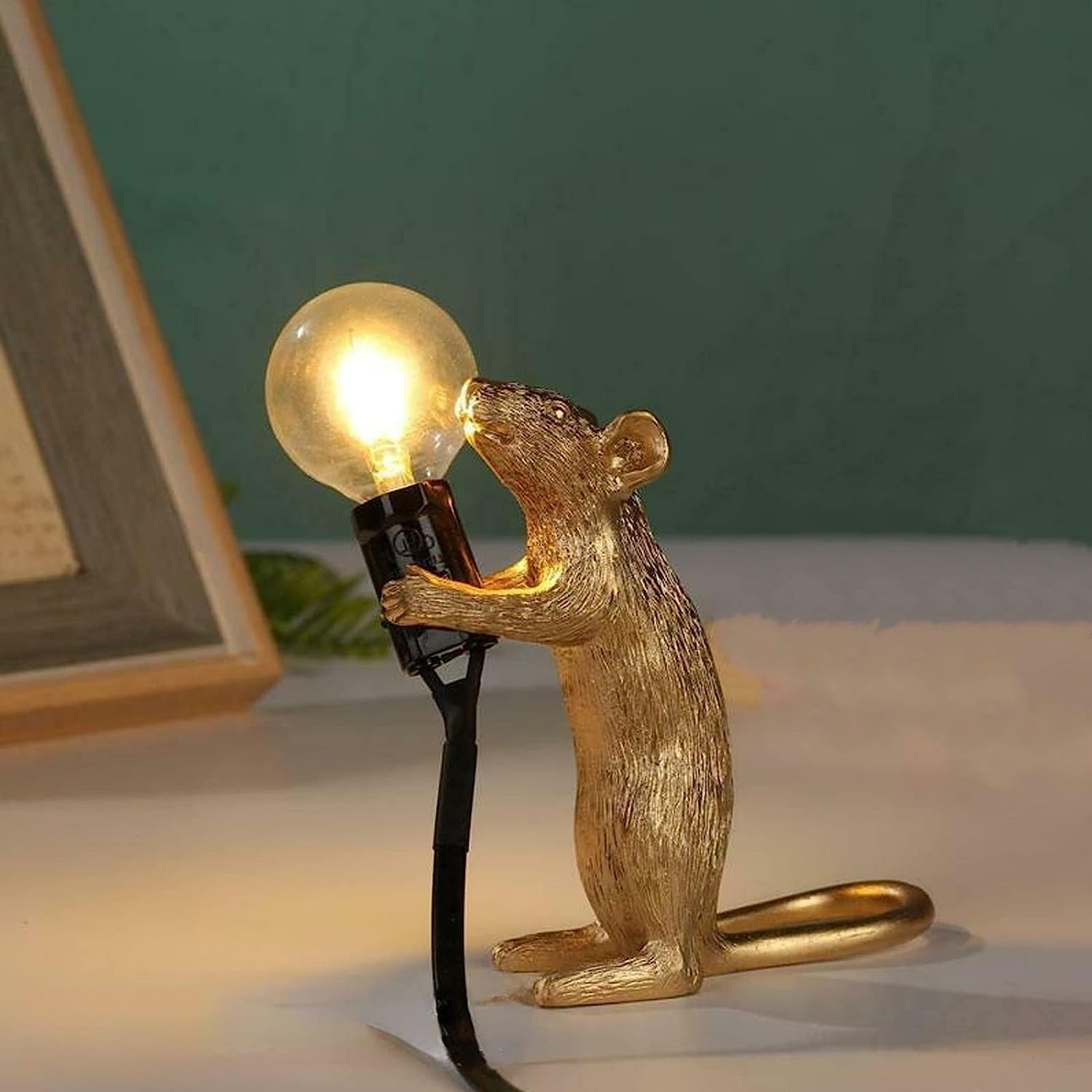 Modern Resin Mouse Lamp Table Lights,Mouse Shape Creative Desk Lamps Bedside Holiday Christmas Birthday Gift Decoration Bedroom Study Room Living Room Decor (Gold Standing) image number 3