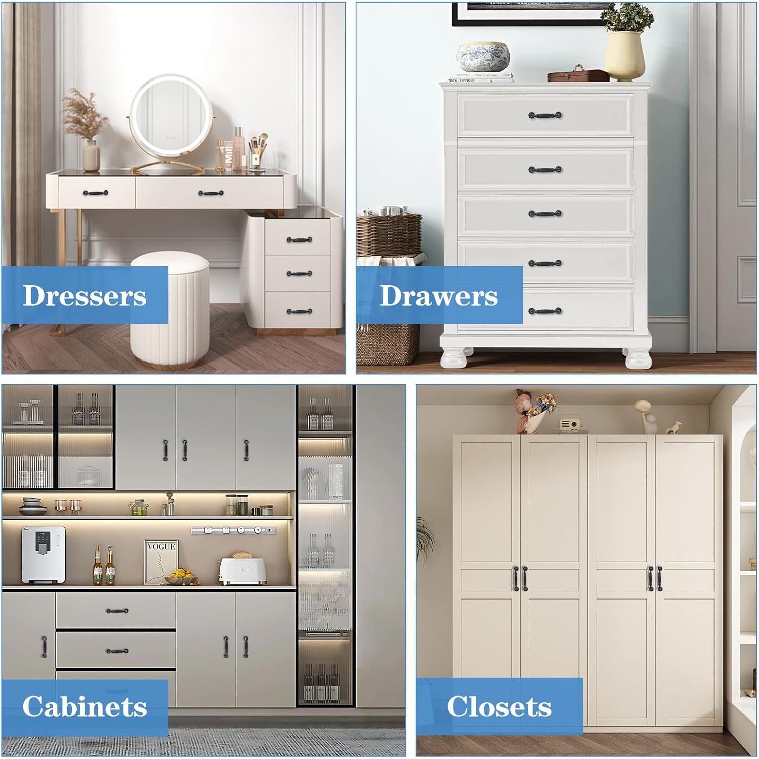 Tsunnee 12PCS Vintage Cabinet Handles, Cupboard Door Handles, European Bow Pulls, Antique Drawer Handles, Furniture Door Pull Handles for Kitchen Bedroom, 96Mm 3.78 Inches Hole Distance, Black image number 6